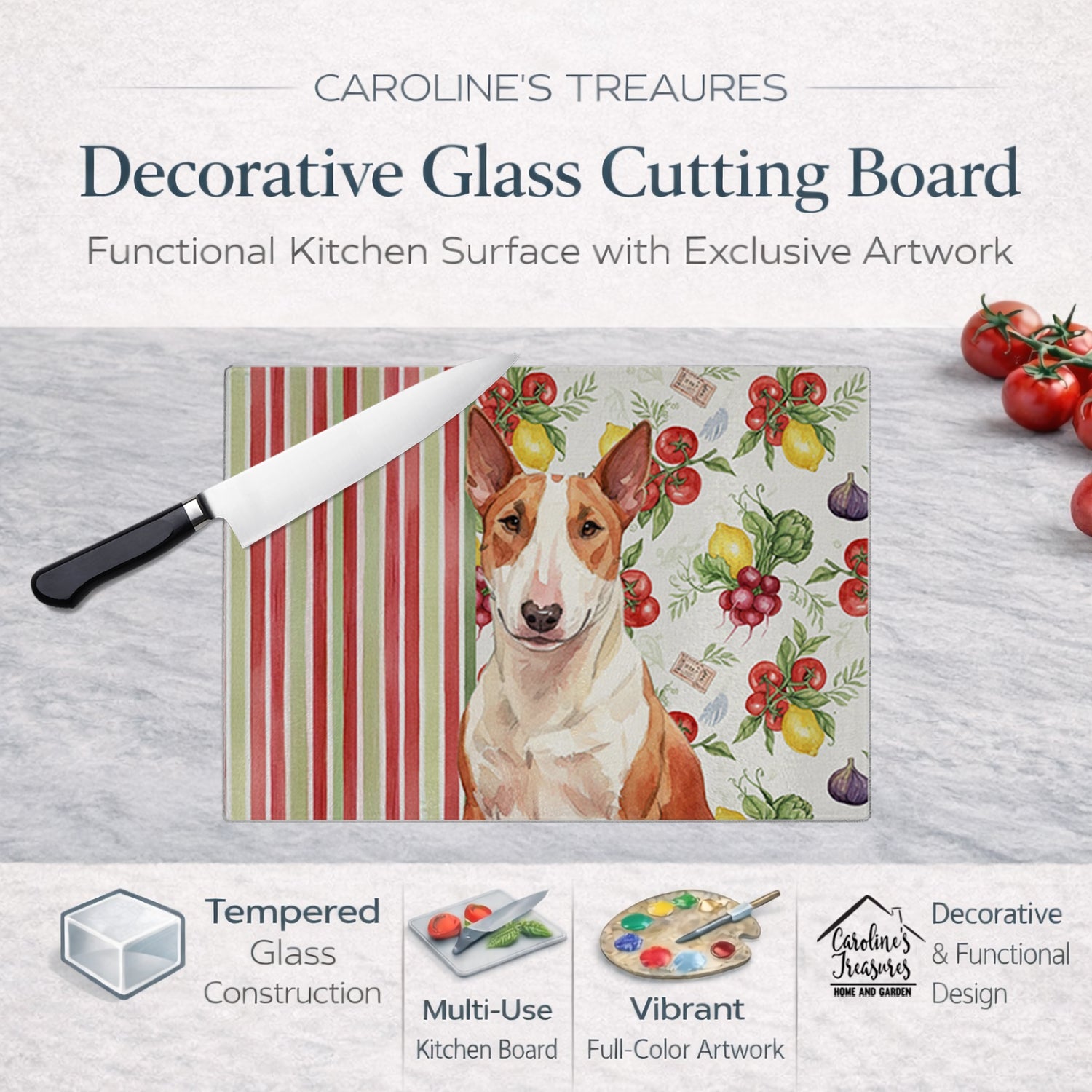 Red and White Bull Terrier Vegetables Cutting Board Tempered Glass Kitchen Cutting Surface, Heat Resistant Chopping, Non-Slip Feet, Food Prep & Serving