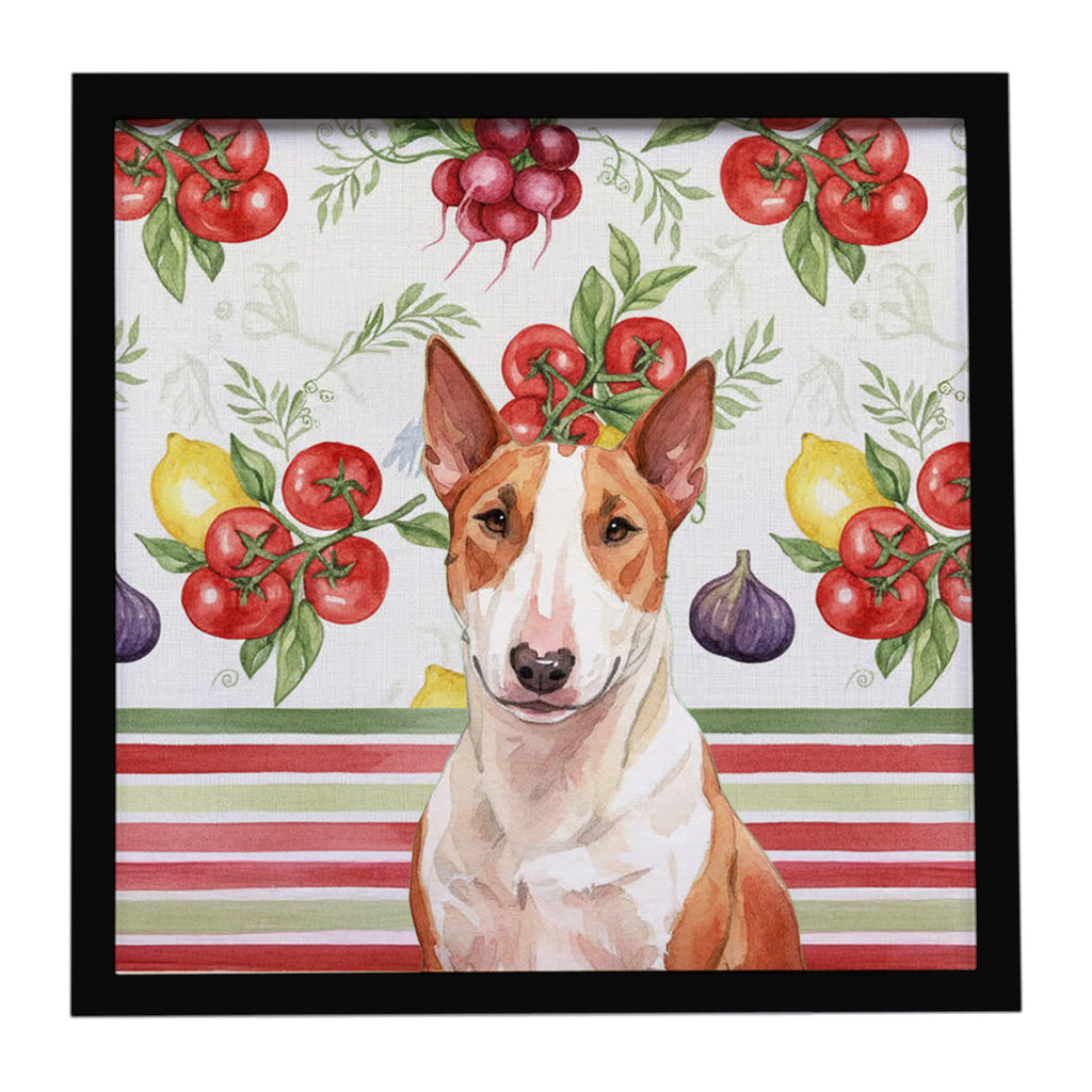 Red and White Bull Terrier Vegetables Framed Metal Print Bathroom, Kitchen, Office, Home Decor Wall Art Ready to Hang, Square, 8X8