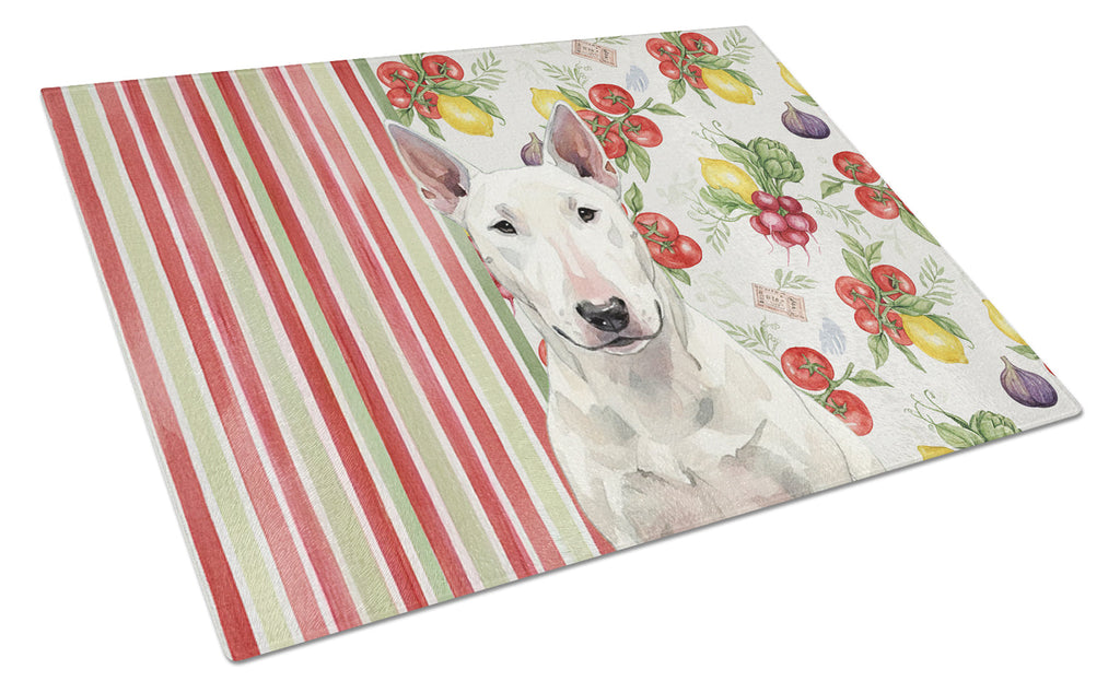White Bull Terrier Vegetables Cutting Board Tempered Glass Kitchen Cutting Surface, Heat Resistant Chopping, Non-Slip Feet, Food Prep & Serving