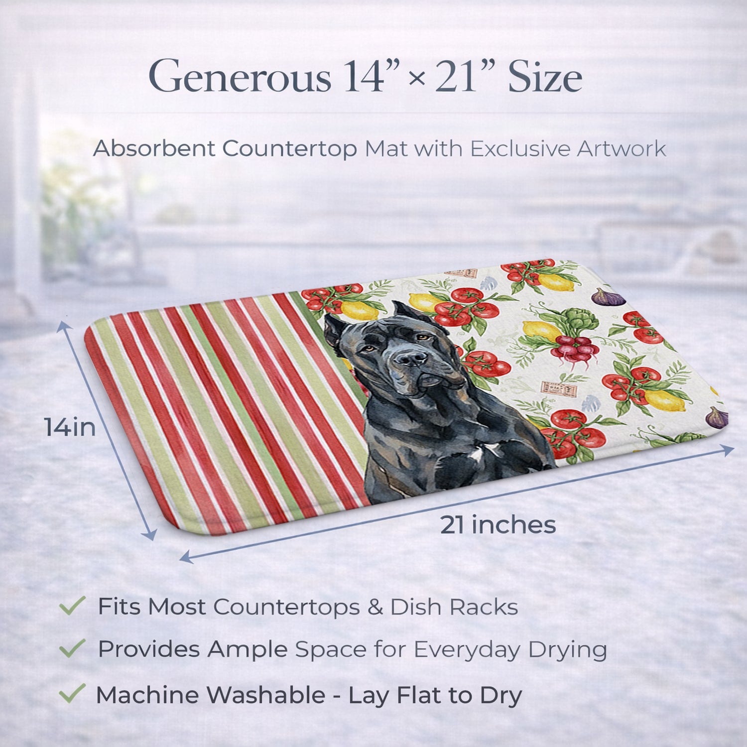 Cane Corso Vegetables Dish Drying Mat Absorbent Dish Drying Mat Pad for Kitchen Counter Dish Drainer Mat for Countertop, 14 x 21", Multicolor