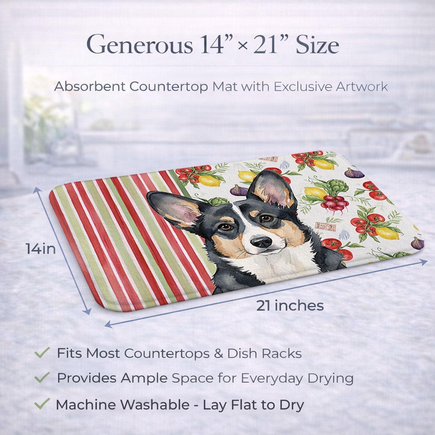 Black and White Cardigan Welsh Corgi Vegetables Dish Drying Mat Absorbent Dish Drying Mat Pad for Kitchen Counter Dish Drainer Mat for Countertop, 14 x 21", Multicolor