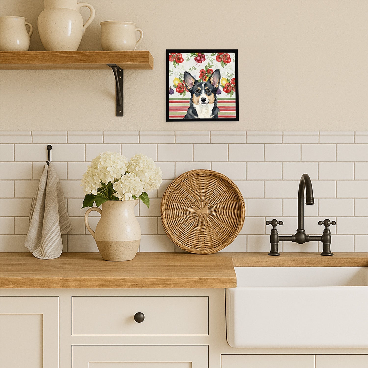 Black and White Cardigan Welsh Corgi Vegetables Framed Metal Print Bathroom, Kitchen, Office, Home Decor Wall Art Ready to Hang, Square, 8X8