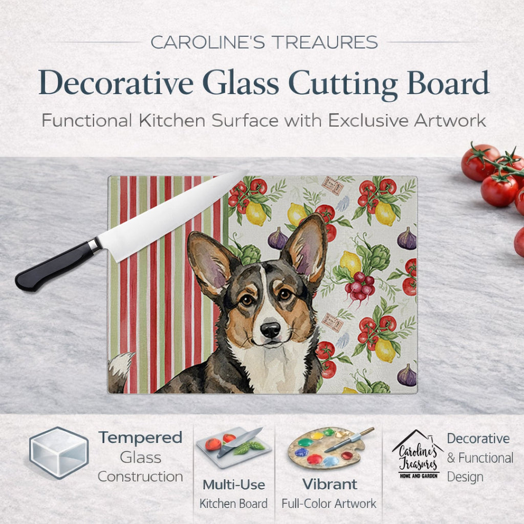 Brindle Cardigan Welsh Corgi Vegetables Cutting Board Tempered Glass Kitchen Cutting Surface, Heat Resistant Chopping, Non-Slip Feet, Food Prep & Serving