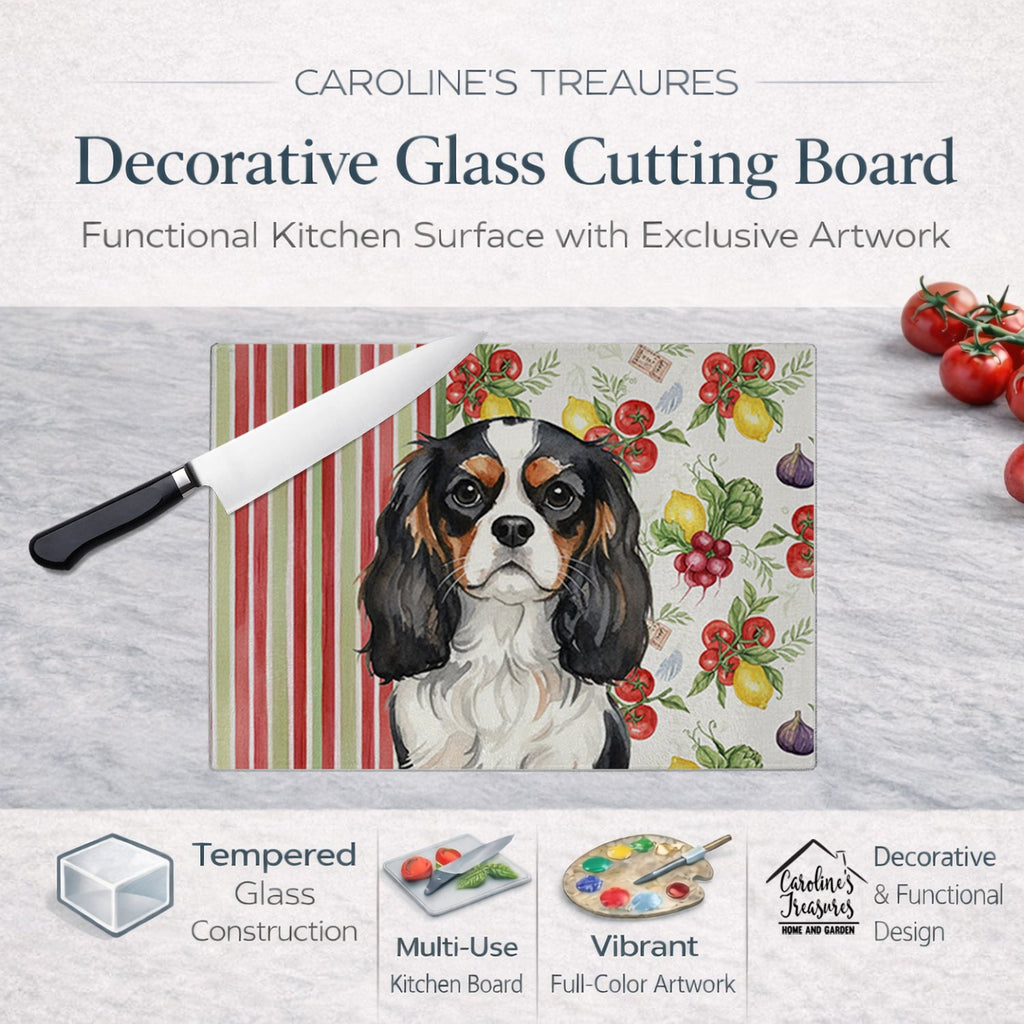 Tricolor Cavalier Spaniel Vegetables Cutting Board Tempered Glass Kitchen Cutting Surface, Heat Resistant Chopping, Non-Slip Feet, Food Prep & Serving