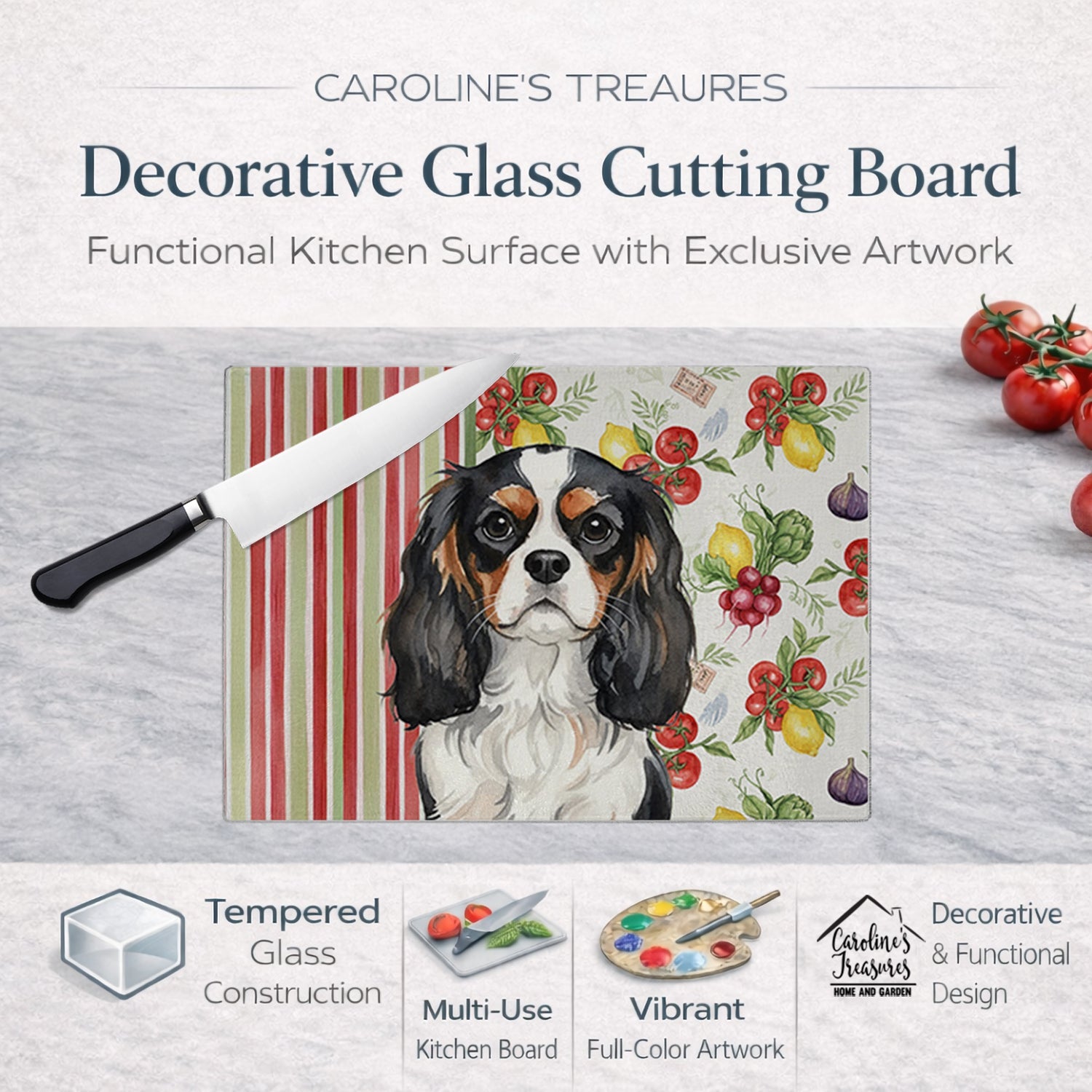 Tricolor Cavalier Spaniel Vegetables Cutting Board Tempered Glass Kitchen Cutting Surface, Heat Resistant Chopping, Non-Slip Feet, Food Prep & Serving
