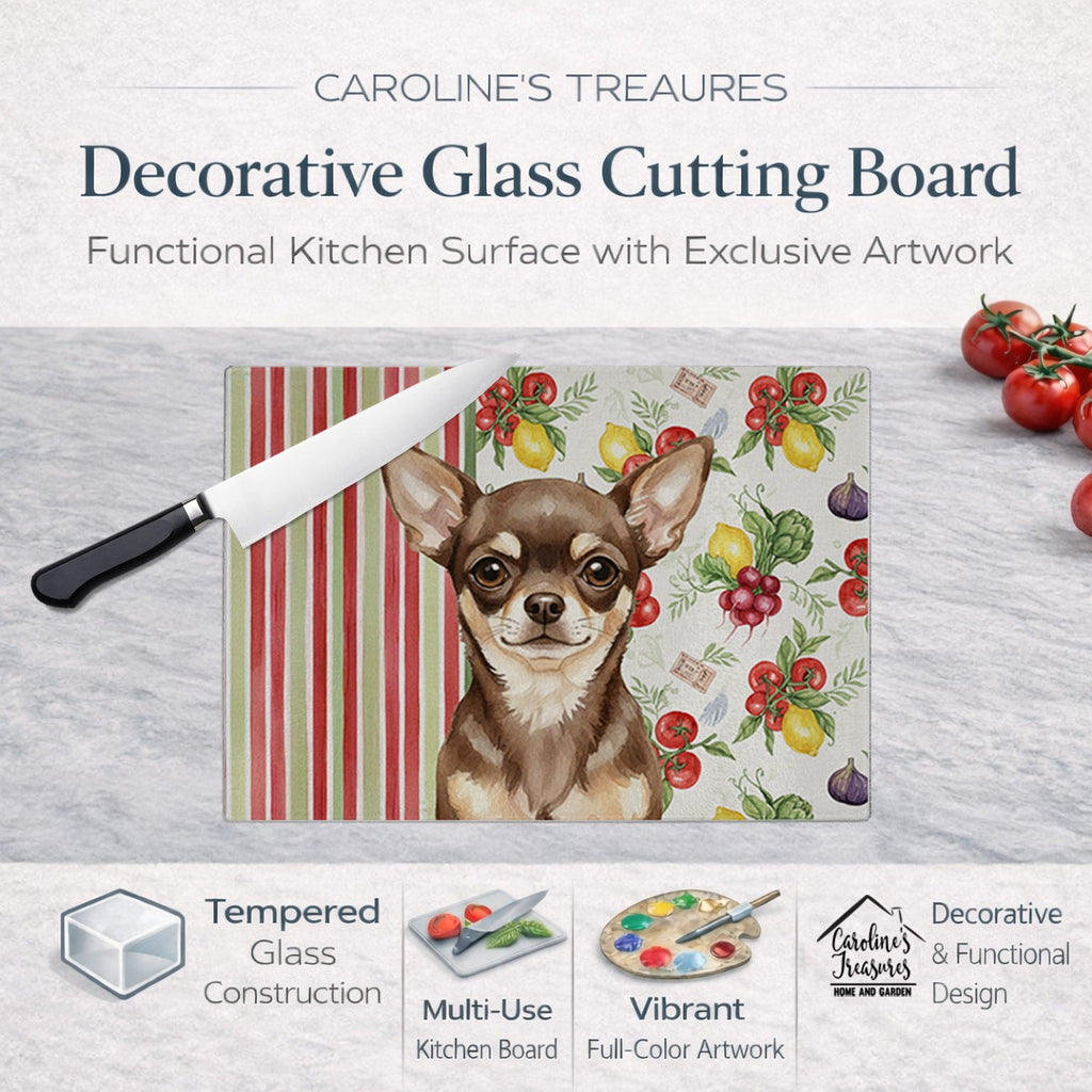Chocolate Chihuahua Vegetables Cutting Board Tempered Glass Kitchen Cutting Surface, Heat Resistant Chopping, Non-Slip Feet, Food Prep & Serving