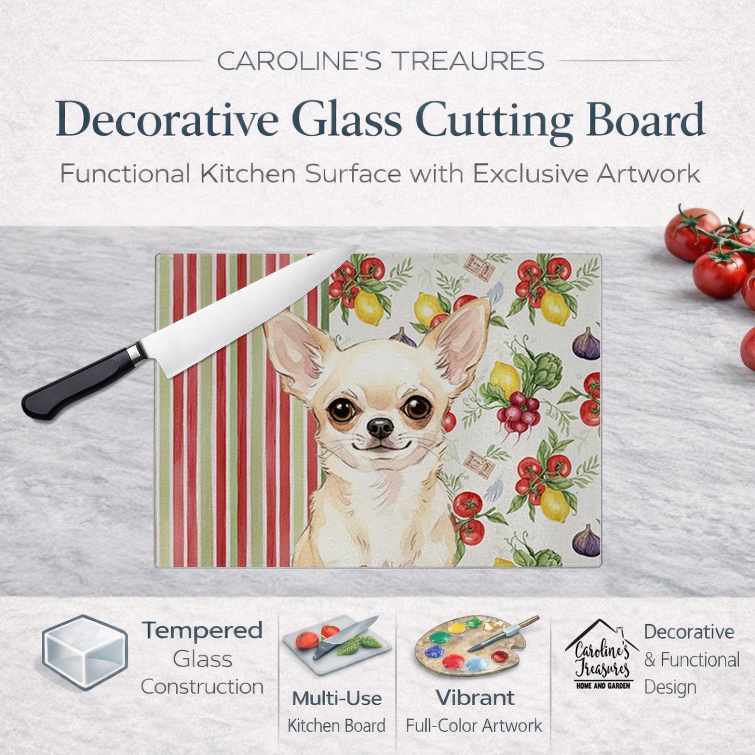Cream Chihuahua Vegetables Cutting Board Tempered Glass Kitchen Cutting Surface, Heat Resistant Chopping, Non-Slip Feet, Food Prep & Serving