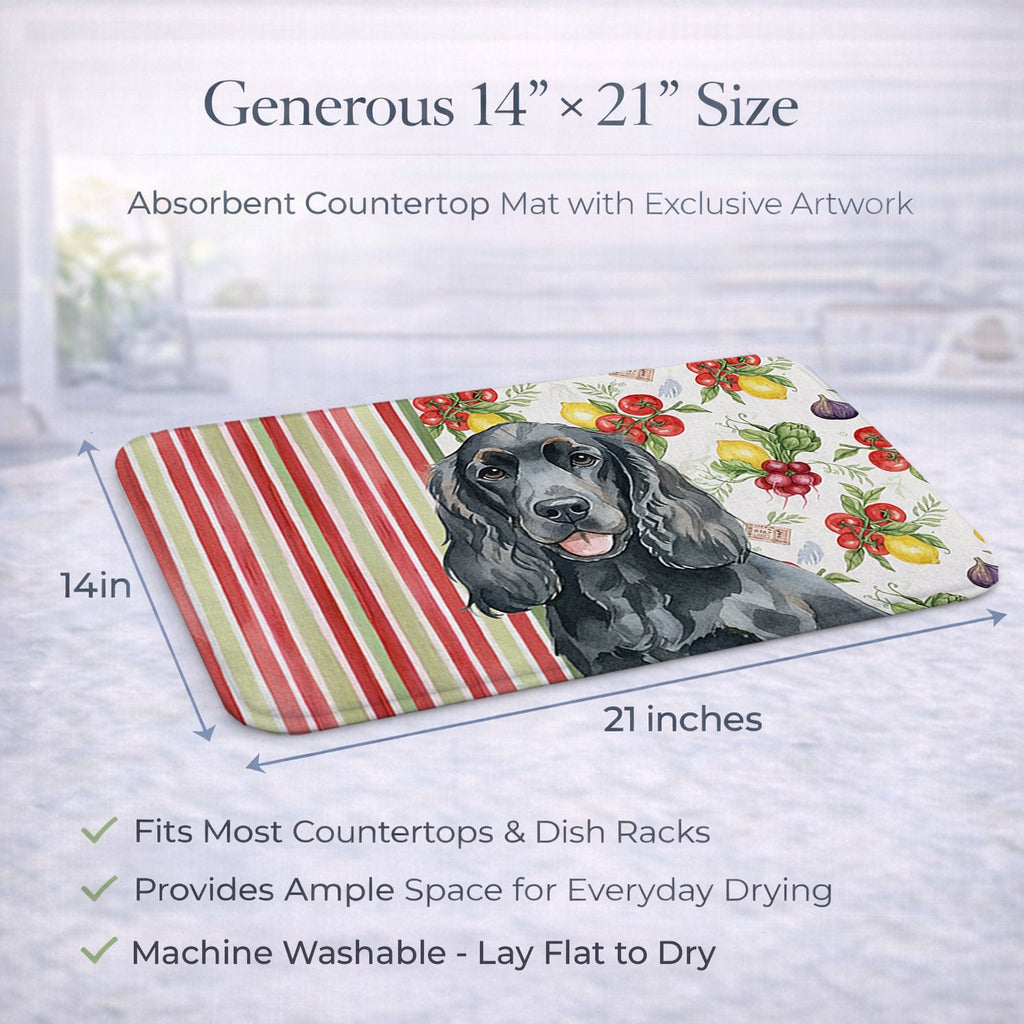 Black Cocker Spaniel Vegetables Dish Drying Mat Absorbent Dish Drying Mat Pad for Kitchen Counter Dish Drainer Mat for Countertop, 14 x 21", Multicolor
