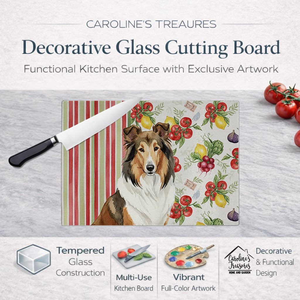 Sable Collie Vegetables Cutting Board Tempered Glass Kitchen Cutting Surface, Heat Resistant Chopping, Non-Slip Feet, Food Prep & Serving