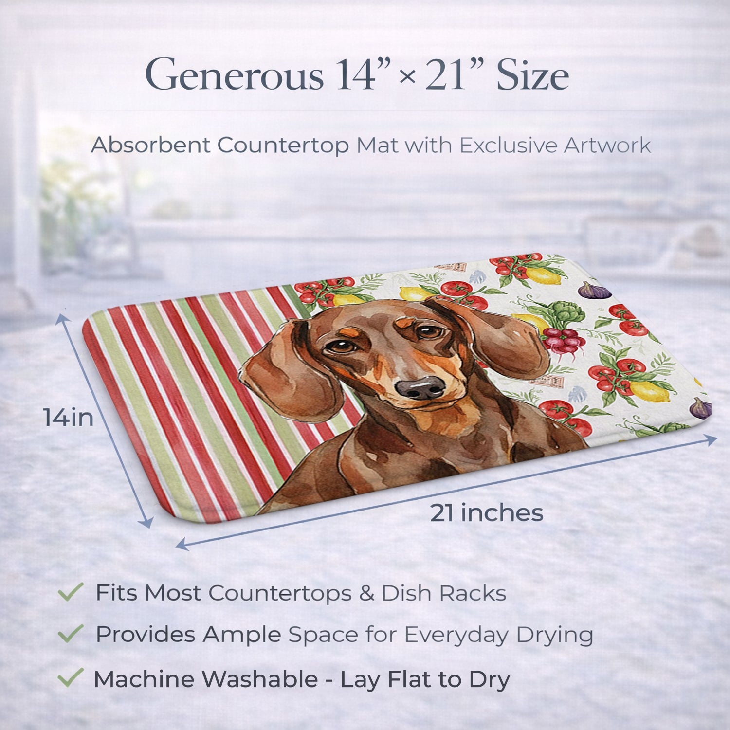 Chocolate and Tan Dachshund Vegetables Dish Drying Mat Absorbent Dish Drying Mat Pad for Kitchen Counter Dish Drainer Mat for Countertop, 14 x 21", Multicolor