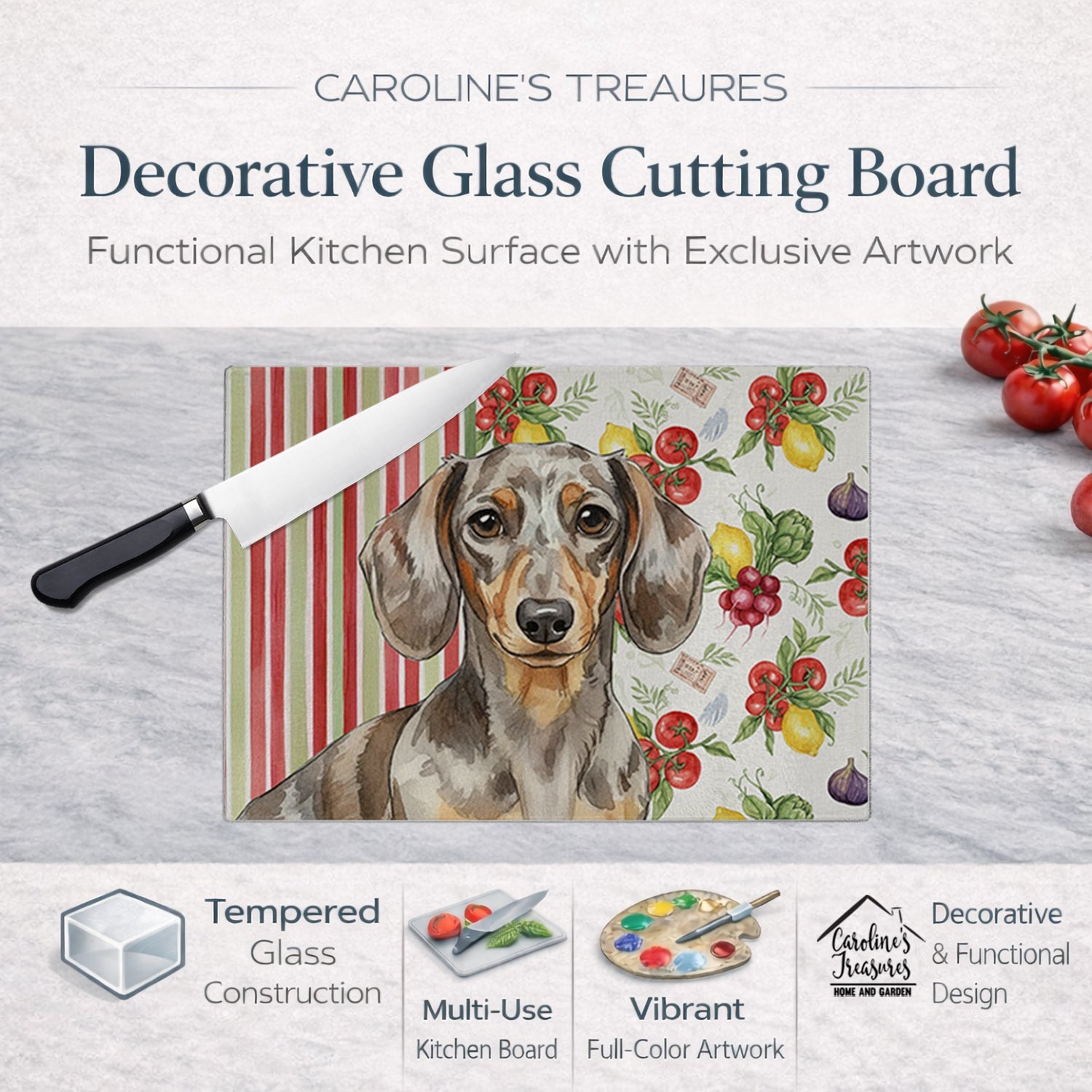 Dapple Dachshund Vegetables Cutting Board Tempered Glass Kitchen Cutting Surface, Heat Resistant Chopping, Non-Slip Feet, Food Prep & Serving