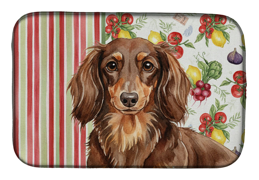 Longhaired Chocolate and Tan Dachshund Vegetables Dish Drying Mat Absorbent Dish Drying Mat Pad for Kitchen Counter Dish Drainer Mat for Countertop, 14 x 21", Multicolor