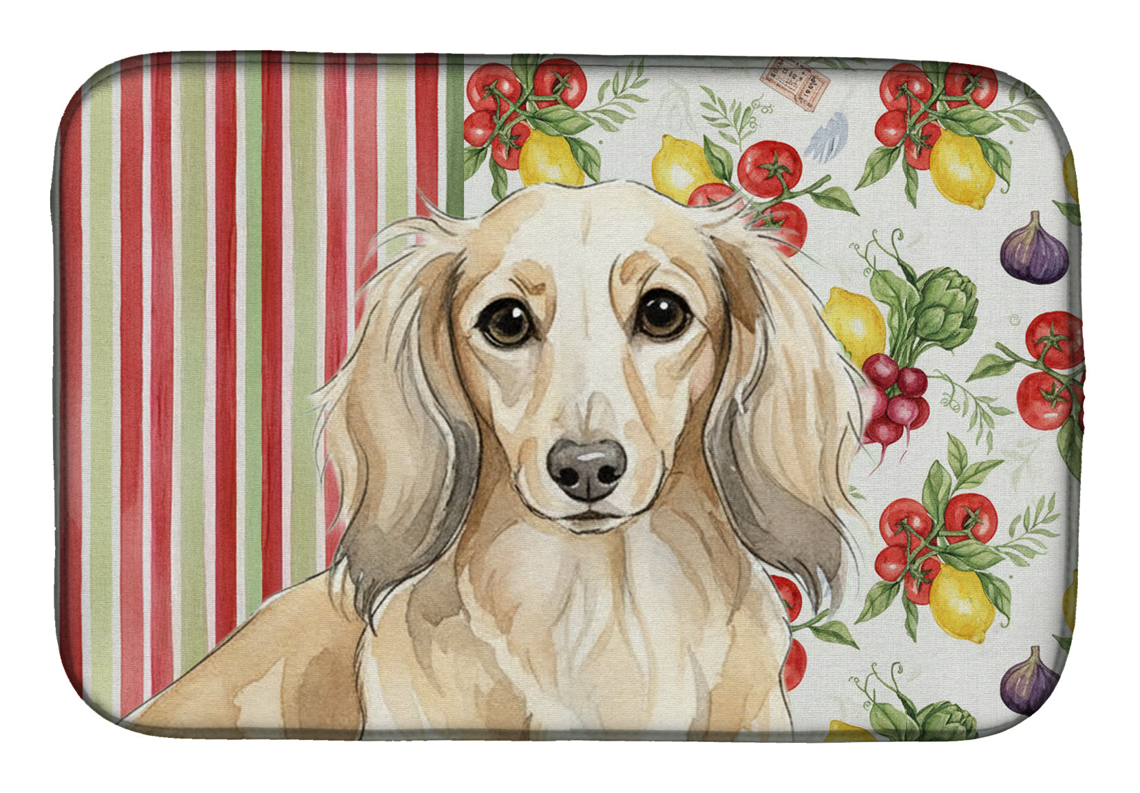 Longhaired Cream Dachshund Vegetables Dish Drying Mat Absorbent Dish Drying Mat Pad for Kitchen Counter Dish Drainer Mat for Countertop, 14 x 21", Multicolor