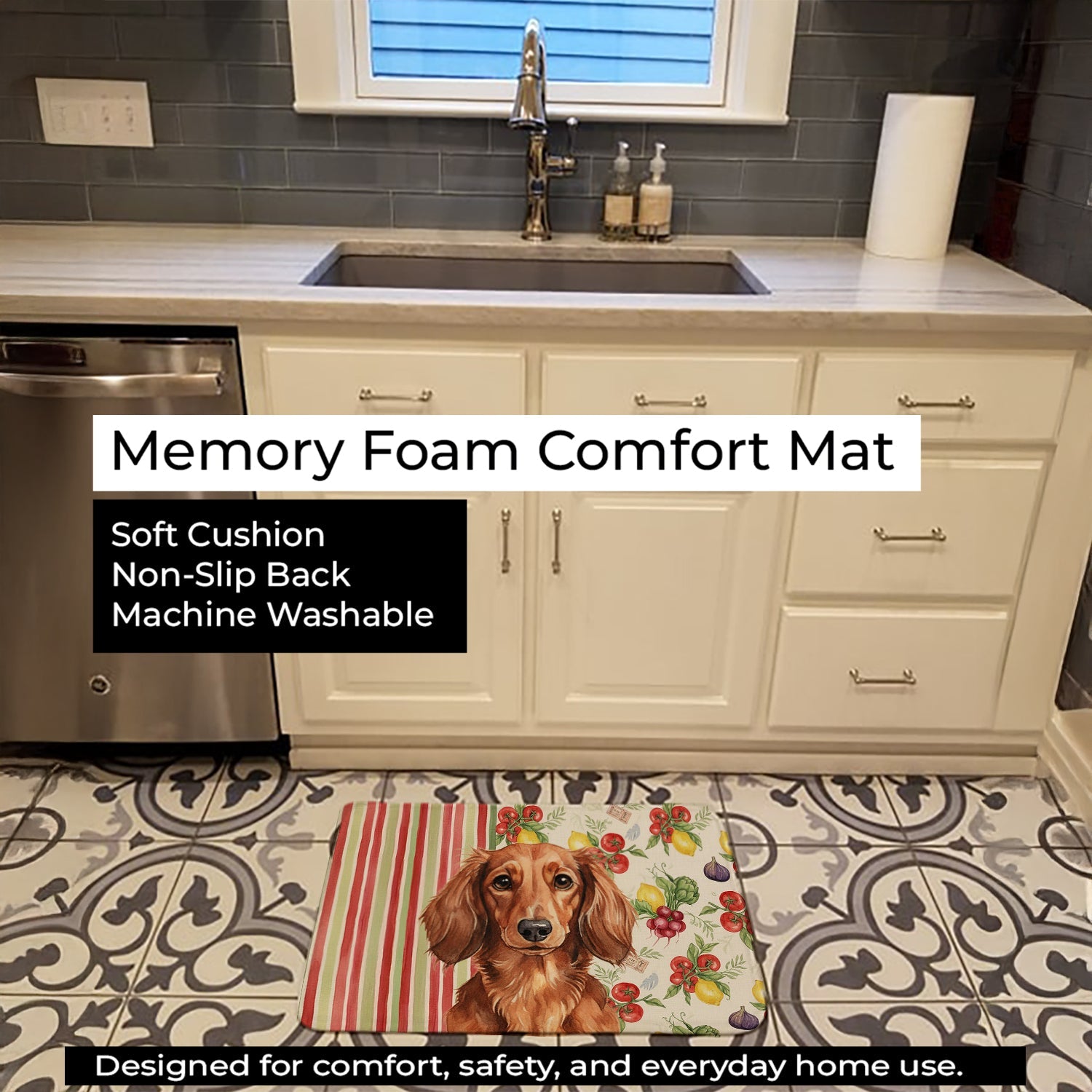 Longhaired Red Dachshund Vegetables Memory Foam Kitchen Mat Machine Washable Anti-Fatigue Cushion Comfort Bath or Kitchen Rug