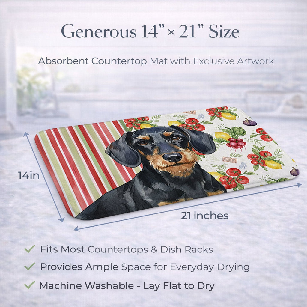 Wirehaired Black and Tan Dachshund Vegetables Dish Drying Mat Absorbent Dish Drying Mat Pad for Kitchen Counter Dish Drainer Mat for Countertop, 14 x 21", Multicolor
