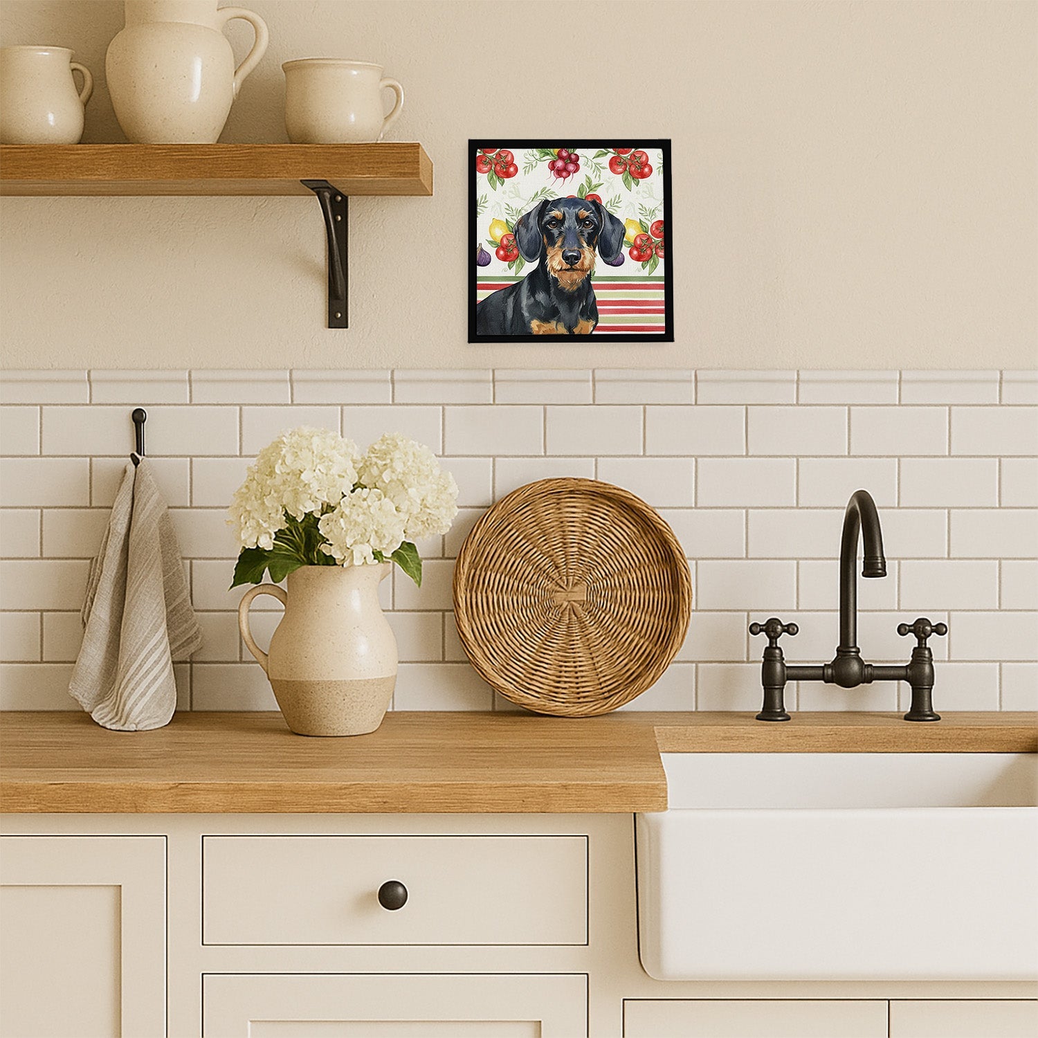 Wirehaired Black and Tan Dachshund Vegetables Framed Metal Print Bathroom, Kitchen, Office, Home Decor Wall Art Ready to Hang, Square, 8X8