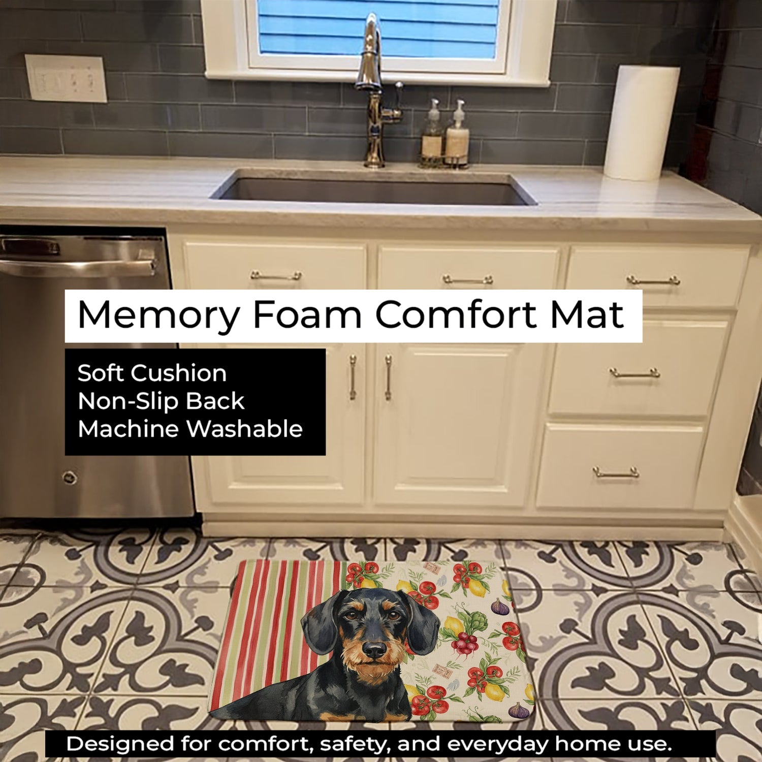 Wirehaired Black and Tan Dachshund Vegetables Memory Foam Kitchen Mat Machine Washable Anti-Fatigue Cushion Comfort Bath or Kitchen Rug