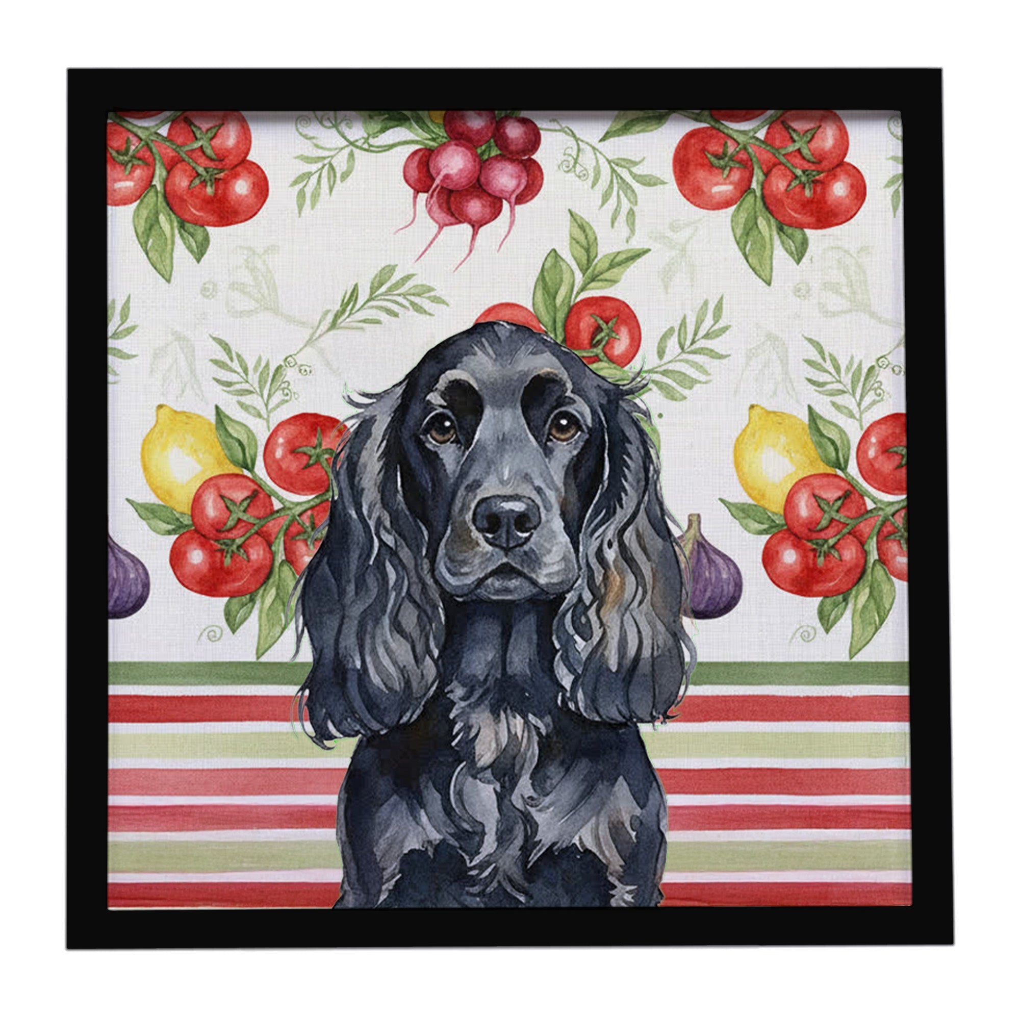 Black English Cocker Spaniel Vegetables Framed Metal Print Bathroom, Kitchen, Office, Home Decor Wall Art Ready to Hang, Square, 8X8