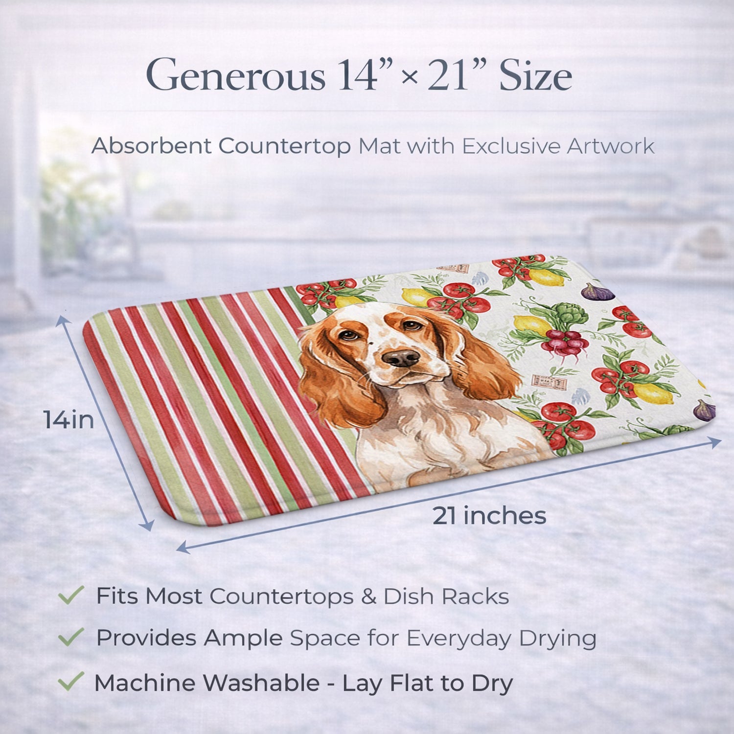 Orange Roan English Cocker Spaniel Vegetables Dish Drying Mat Absorbent Dish Drying Mat Pad for Kitchen Counter Dish Drainer Mat for Countertop, 14 x 21", Multicolor
