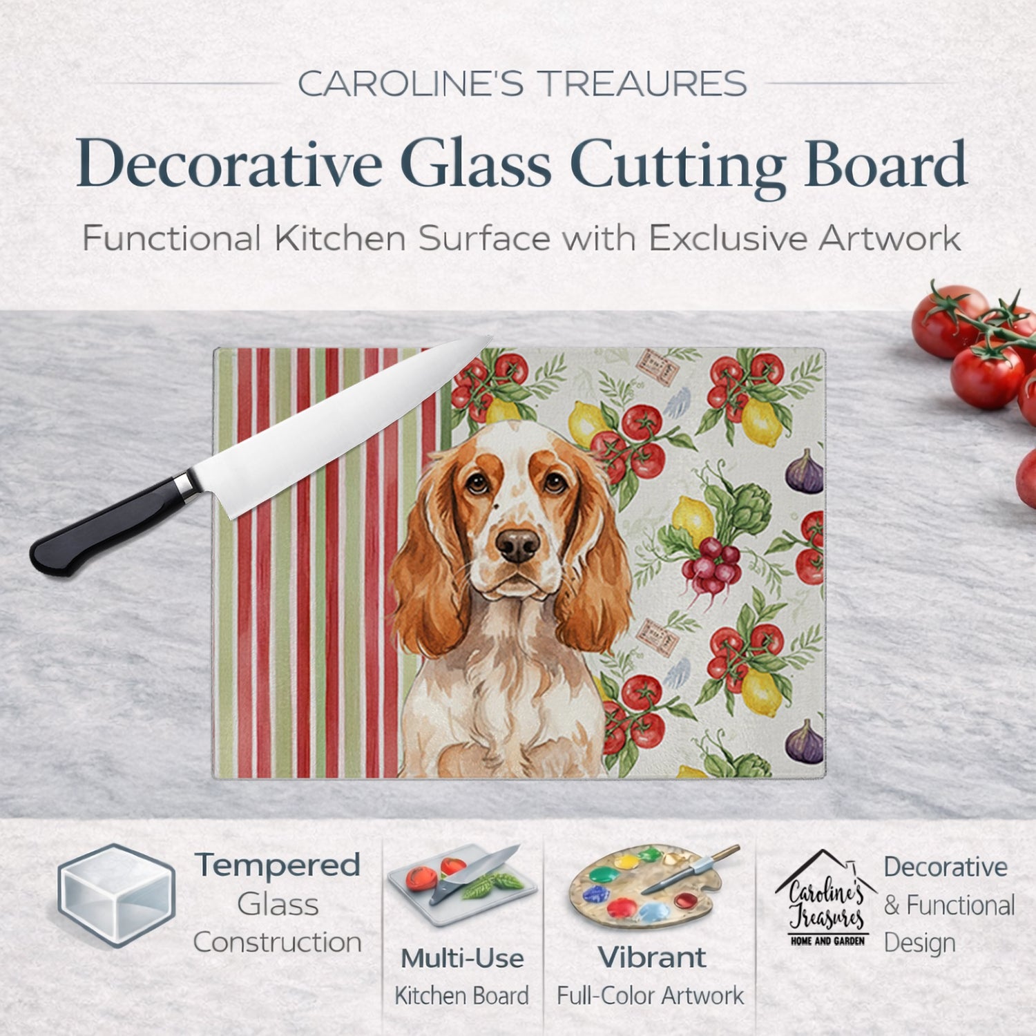 Orange Roan English Cocker Spaniel Vegetables Cutting Board Tempered Glass Kitchen Cutting Surface, Heat Resistant Chopping, Non-Slip Feet, Food Prep & Serving