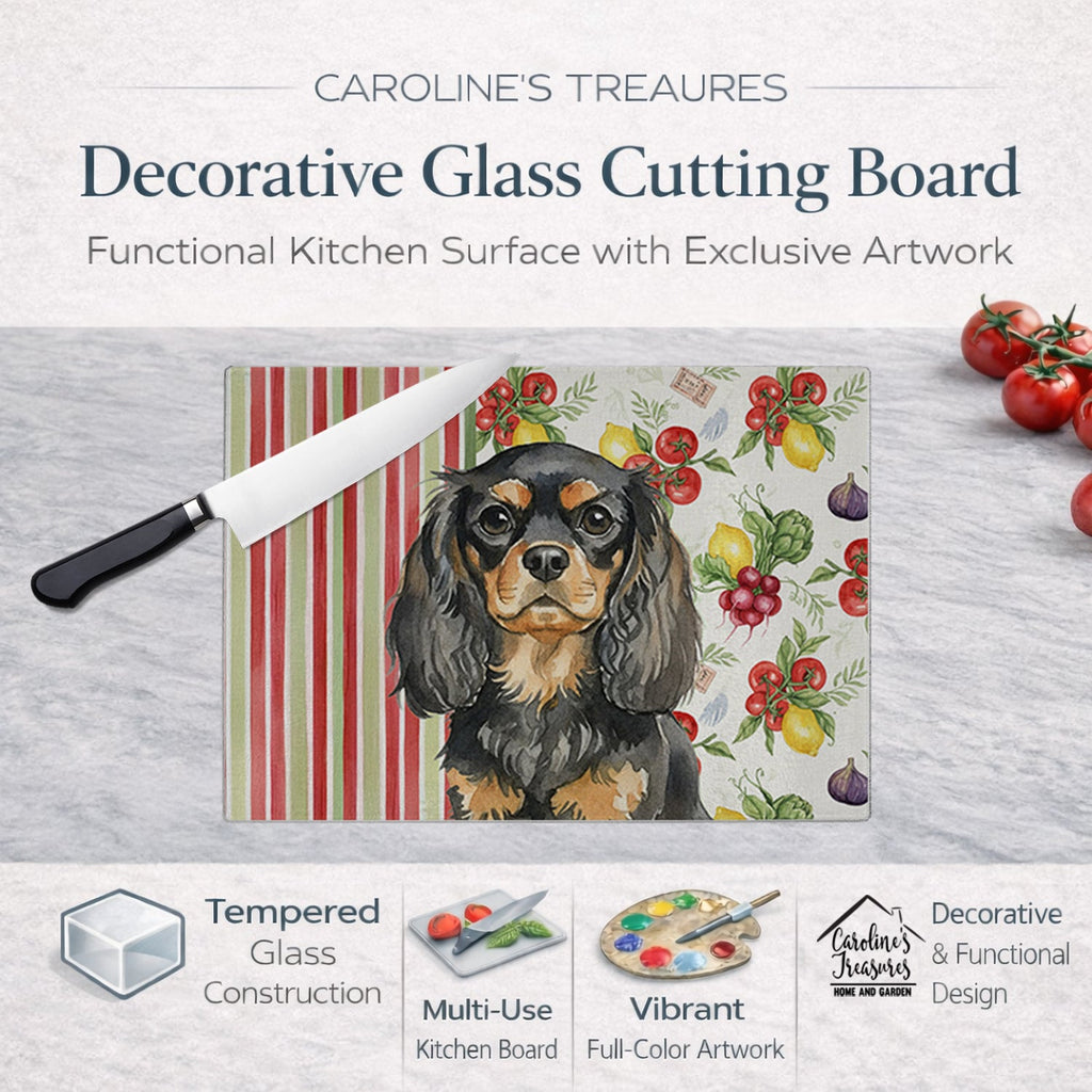 Black and Tan English Toy Spaniel Vegetables Cutting Board Tempered Glass Kitchen Cutting Surface, Heat Resistant Chopping, Non-Slip Feet, Food Prep & Serving