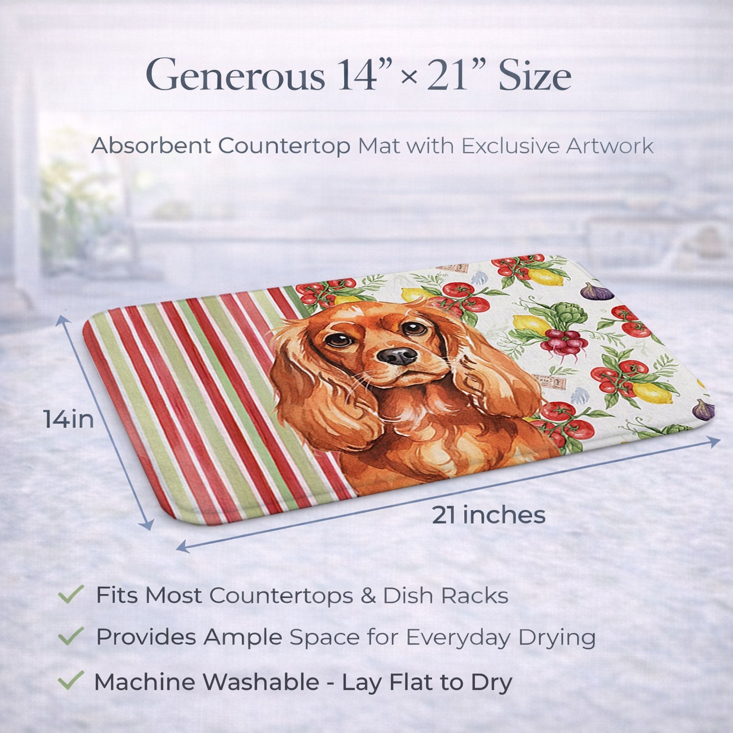 Ruby English Toy Spaniel Vegetables Dish Drying Mat Absorbent Dish Drying Mat Pad for Kitchen Counter Dish Drainer Mat for Countertop, 14 x 21", Multicolor