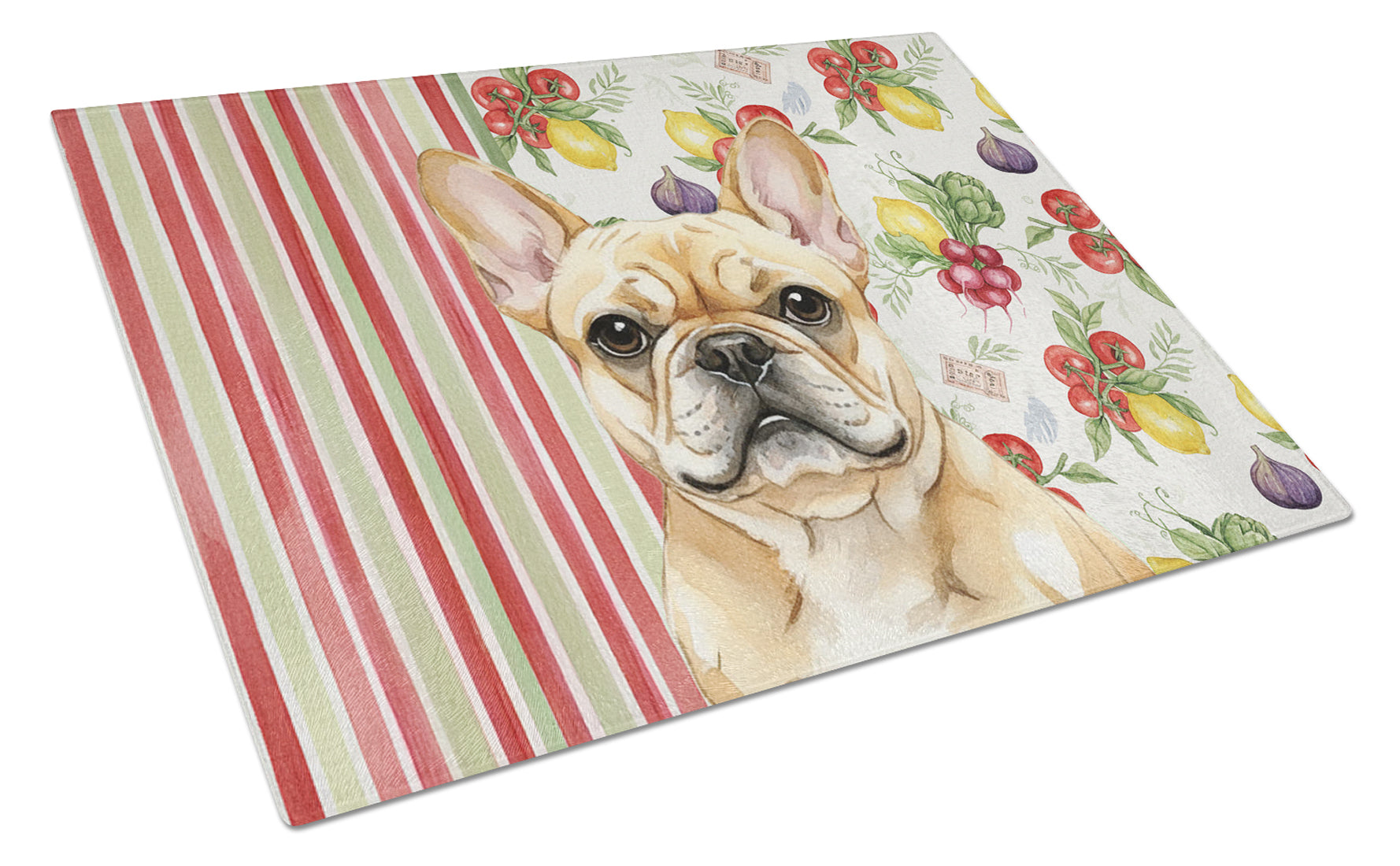 Fawn French Bulldog Vegetables Cutting Board Tempered Glass Kitchen Cutting Surface, Heat Resistant Chopping, Non-Slip Feet, Food Prep & Serving