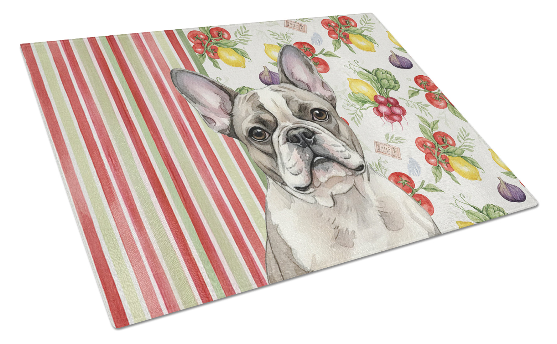 Pied French Bulldog Vegetables Cutting Board Tempered Glass Kitchen Cutting Surface, Heat Resistant Chopping, Non-Slip Feet, Food Prep & Serving