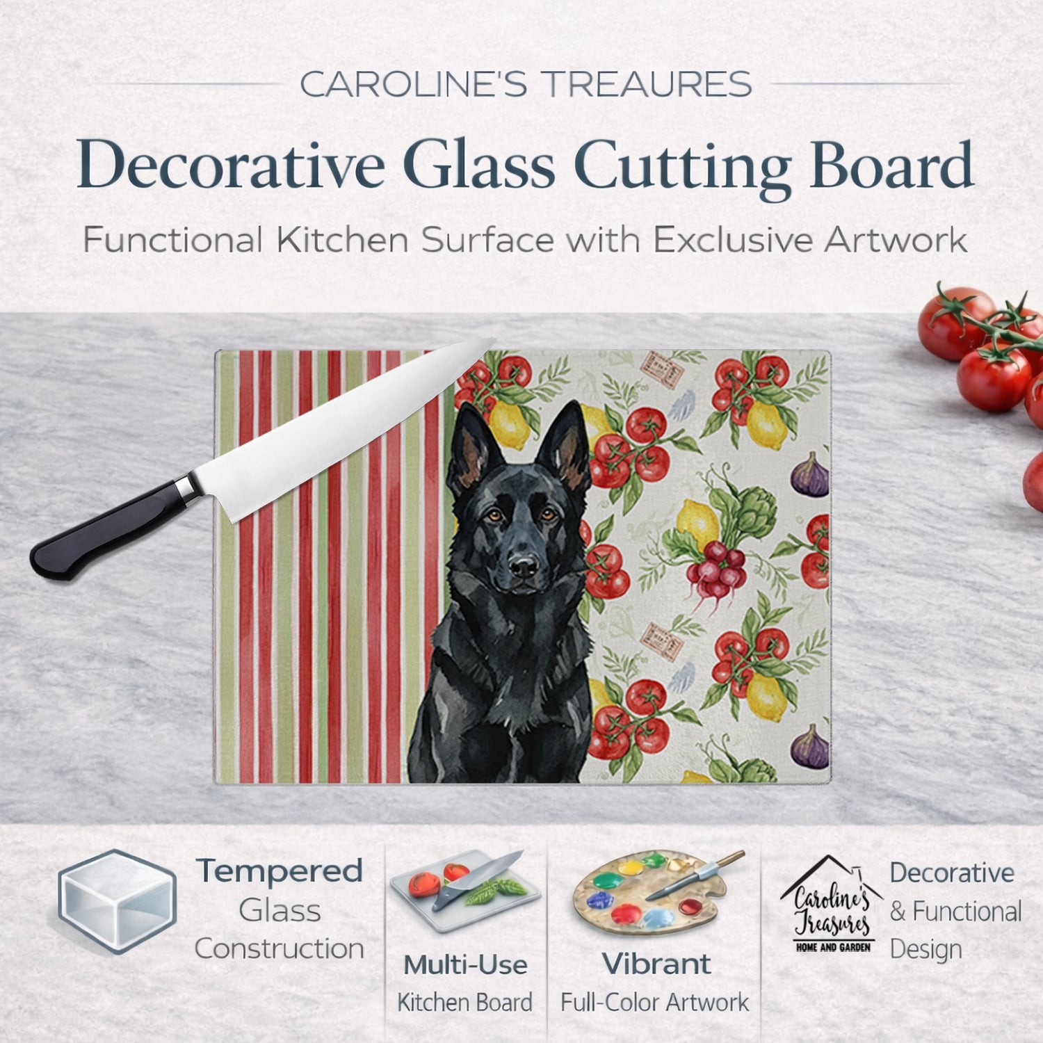 Black German Shepherd Vegetables Cutting Board Tempered Glass Kitchen Cutting Surface, Heat Resistant Chopping, Non-Slip Feet, Food Prep & Serving