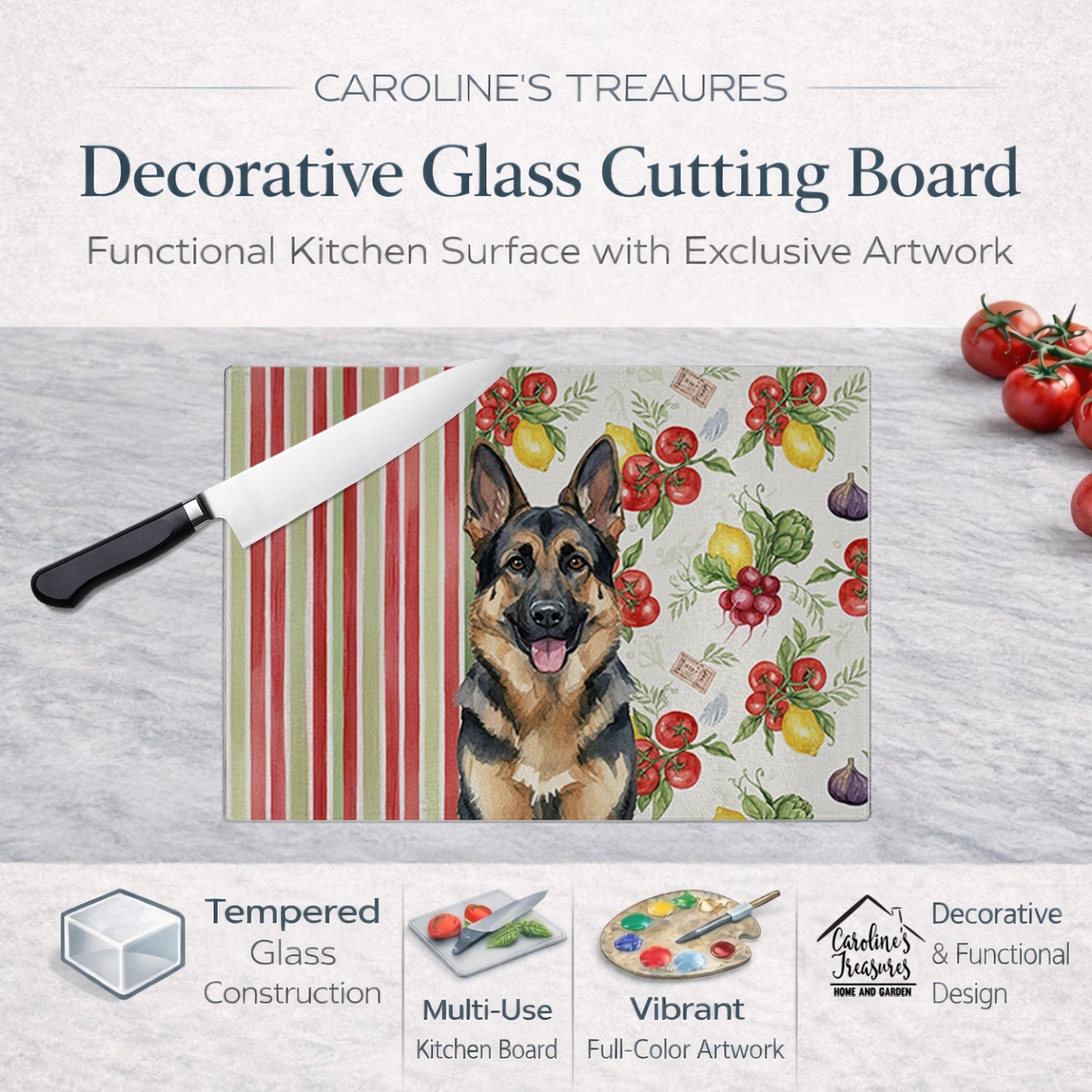 German Shepherd Vegetables Cutting Board Tempered Glass Kitchen Cutting Surface, Heat Resistant Chopping, Non-Slip Feet, Food Prep & Serving