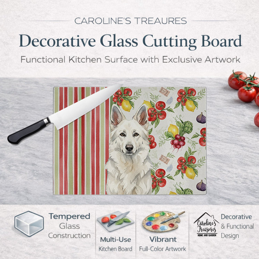 White German Shepherd Vegetables Cutting Board Tempered Glass Kitchen Cutting Surface, Heat Resistant Chopping, Non-Slip Feet, Food Prep & Serving
