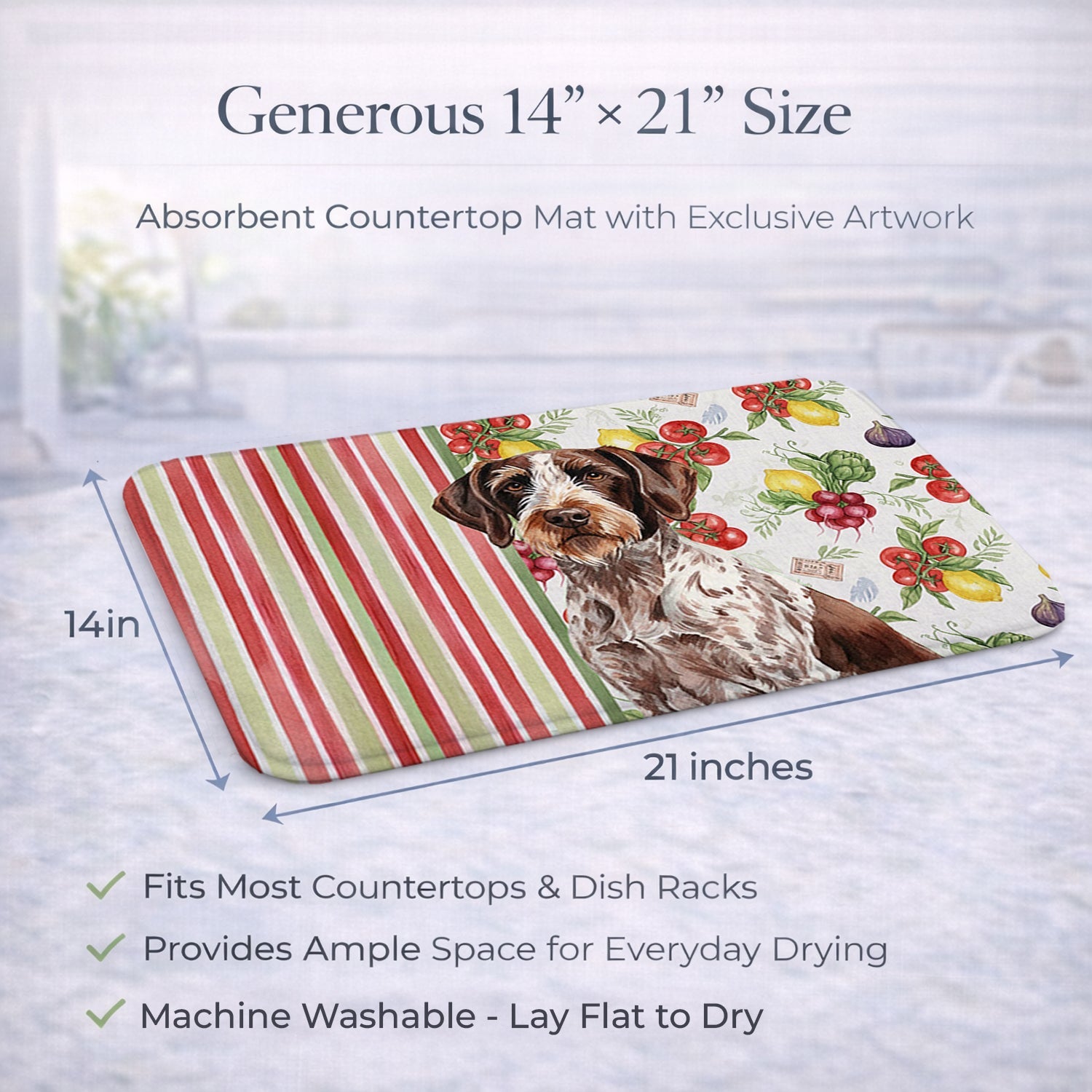 Roan German Wirehaired Pointer Vegetables Dish Drying Mat Absorbent Dish Drying Mat Pad for Kitchen Counter Dish Drainer Mat for Countertop, 14 x 21", Multicolor