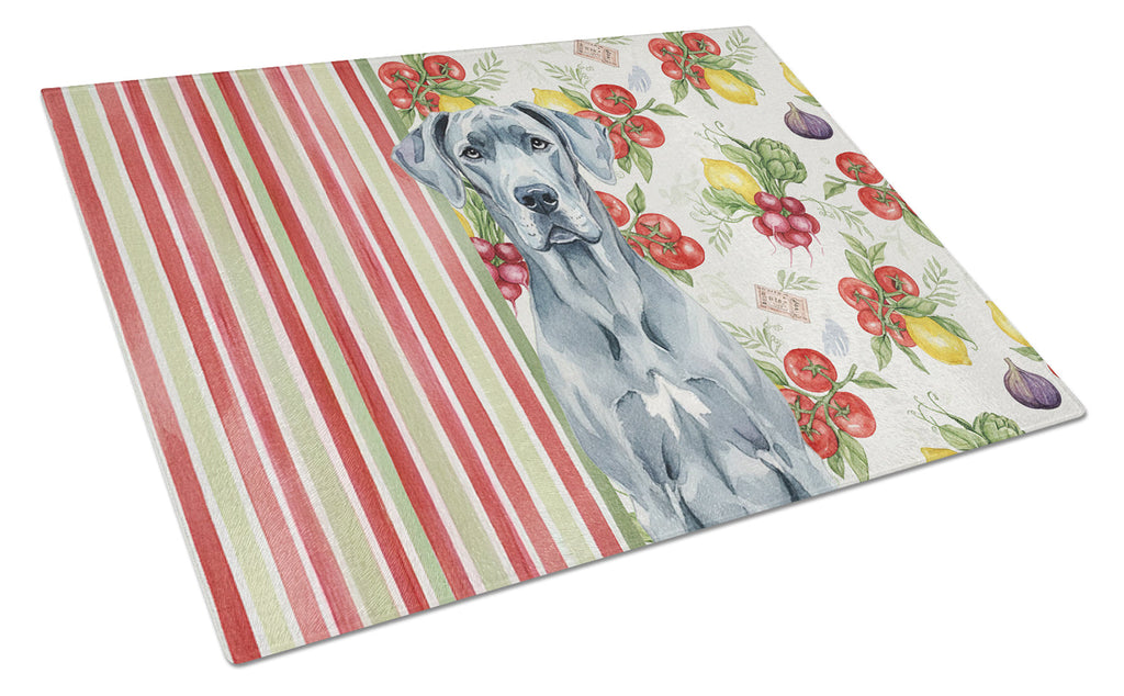 Blue Great Dane Vegetables Cutting Board Tempered Glass Kitchen Cutting Surface, Heat Resistant Chopping, Non-Slip Feet, Food Prep & Serving