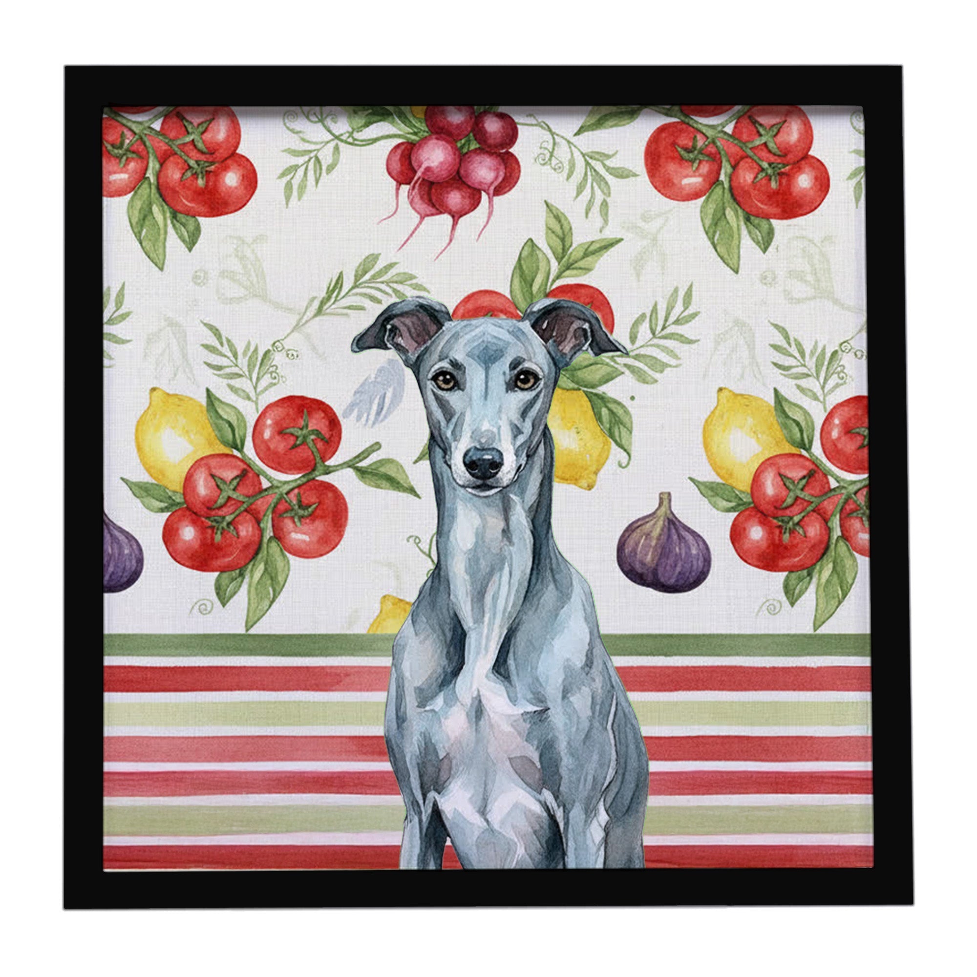 Blue Brindle Greyhound Vegetables Framed Metal Print Bathroom, Kitchen, Office, Home Decor Wall Art Ready to Hang, Square, 8X8