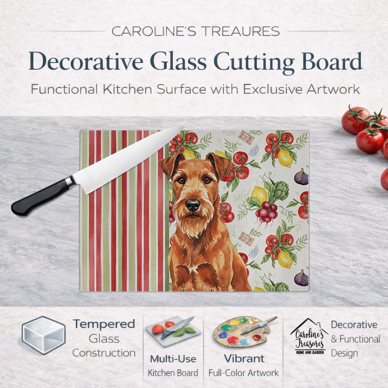 Irish Terrier Vegetables Cutting Board Tempered Glass Kitchen Cutting Surface, Heat Resistant Chopping, Non-Slip Feet, Food Prep & Serving