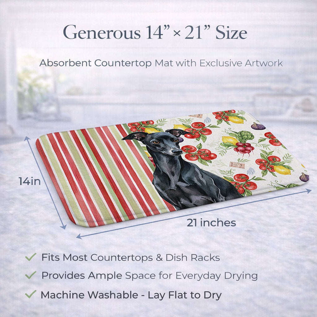 Black Italian Greyhound Vegetables Dish Drying Mat Absorbent Dish Drying Mat Pad for Kitchen Counter Dish Drainer Mat for Countertop, 14 x 21", Multicolor