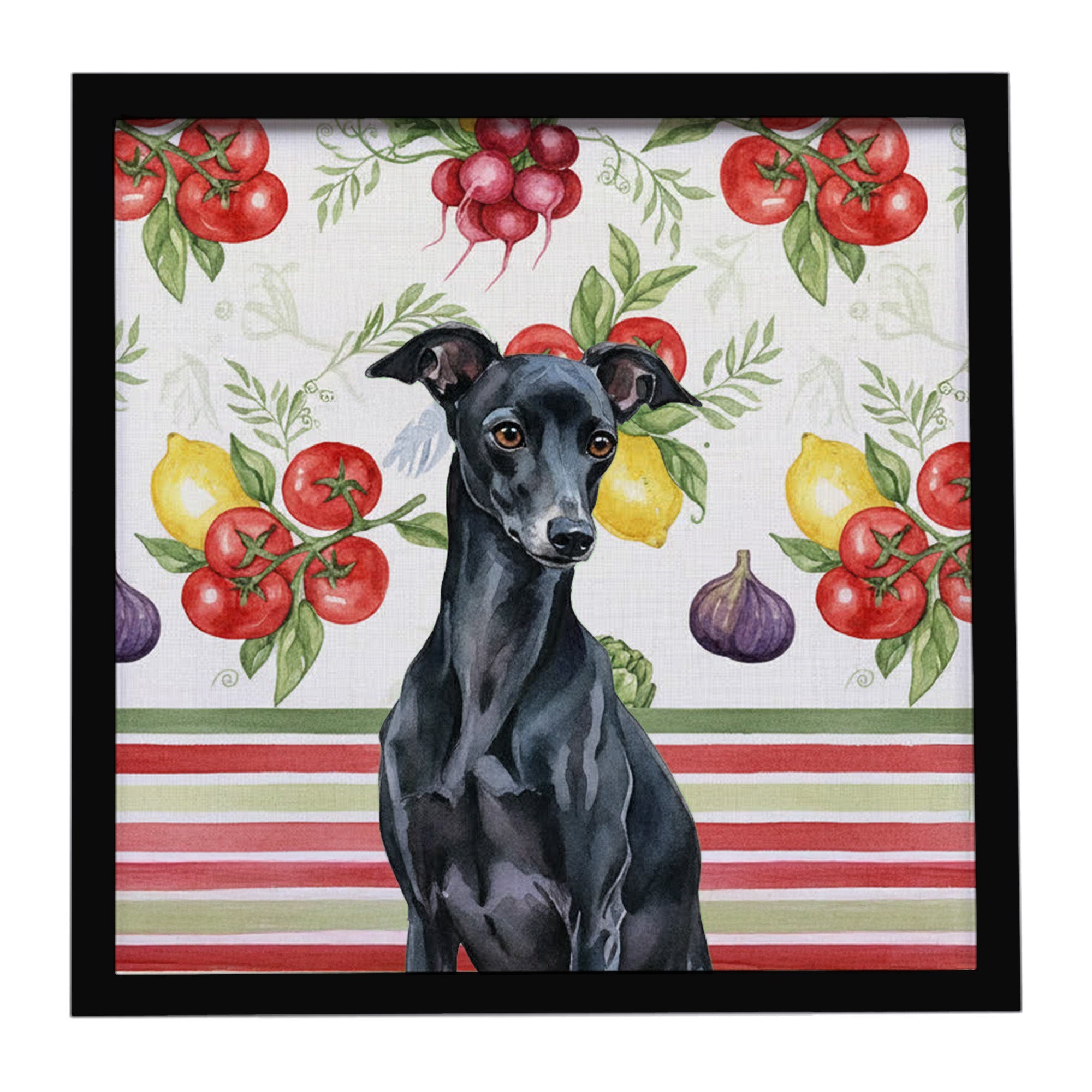 Black Italian Greyhound Vegetables Framed Metal Print Bathroom, Kitchen, Office, Home Decor Wall Art Ready to Hang, Square, 8X8