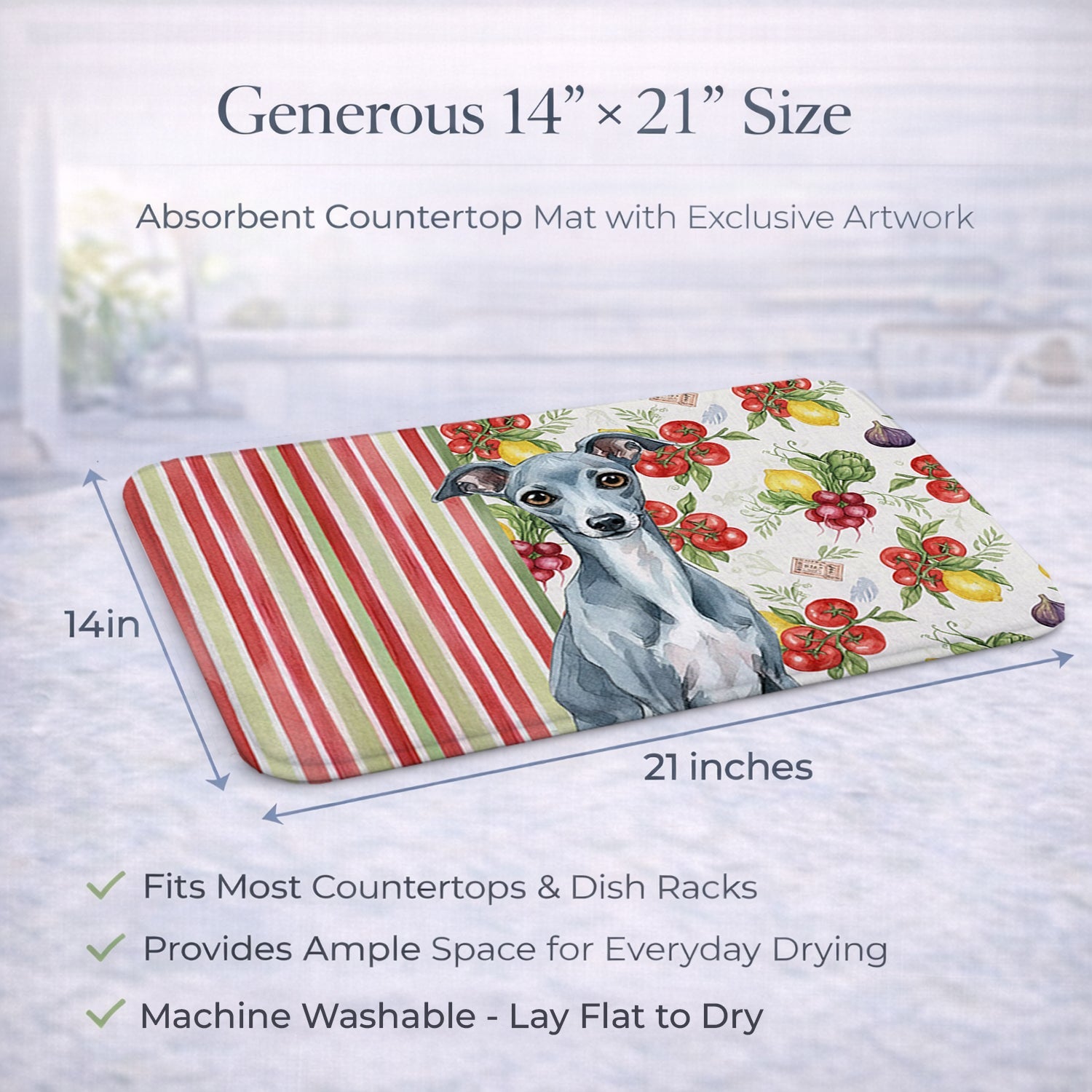 Blue Italian Greyhound Vegetables Dish Drying Mat Absorbent Dish Drying Mat Pad for Kitchen Counter Dish Drainer Mat for Countertop, 14 x 21", Multicolor