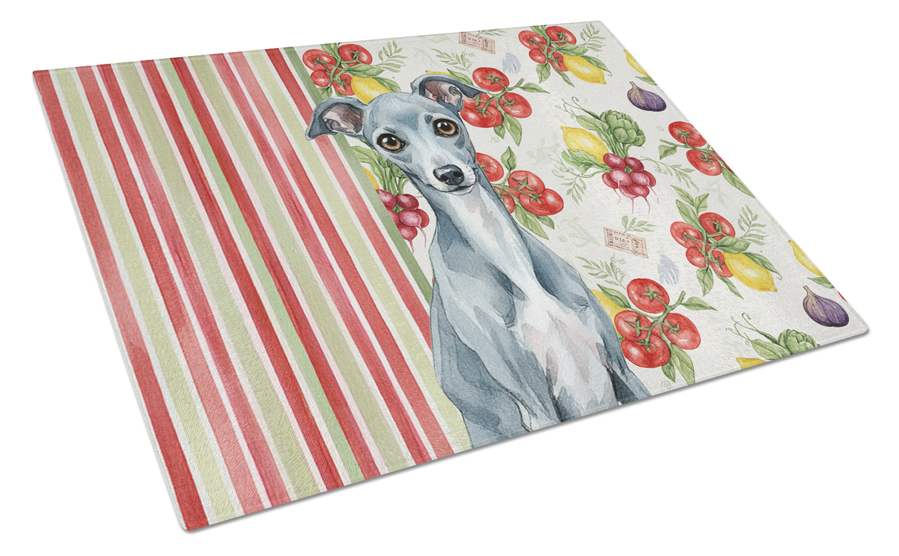 Blue Italian Greyhound Vegetables Cutting Board Tempered Glass Kitchen Cutting Surface, Heat Resistant Chopping, Non-Slip Feet, Food Prep & Serving