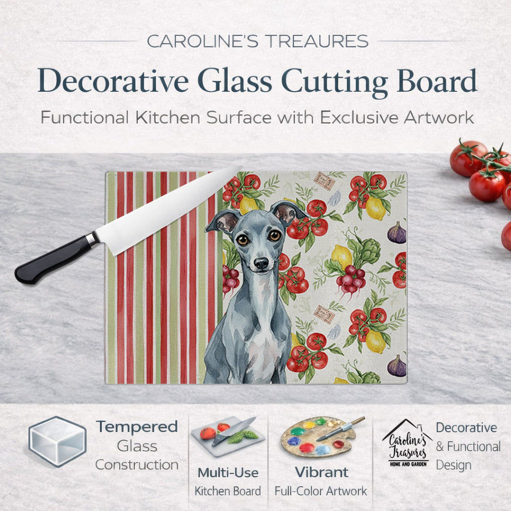 Blue Italian Greyhound Vegetables Cutting Board Tempered Glass Kitchen Cutting Surface, Heat Resistant Chopping, Non-Slip Feet, Food Prep & Serving