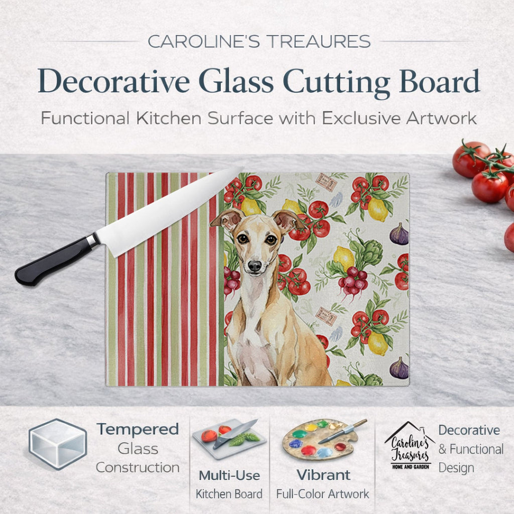 Fawn Italian Greyhound Vegetables Cutting Board Tempered Glass Kitchen Cutting Surface, Heat Resistant Chopping, Non-Slip Feet, Food Prep & Serving