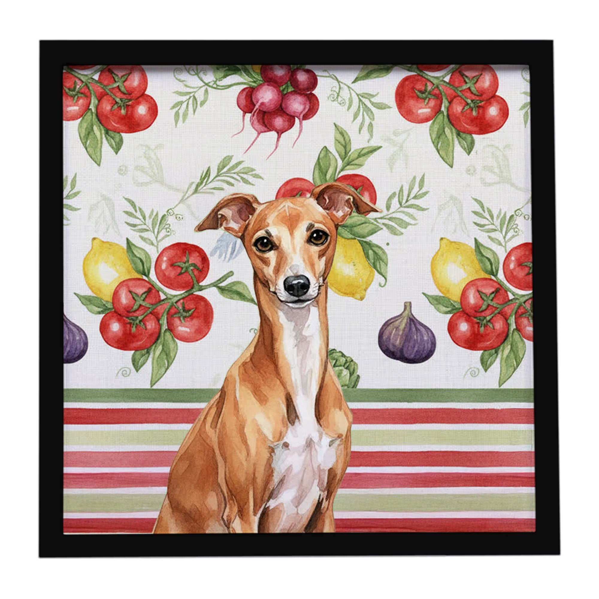 Red Italian Greyhound Vegetables Framed Metal Print Bathroom, Kitchen, Office, Home Decor Wall Art Ready to Hang, Square, 8X8