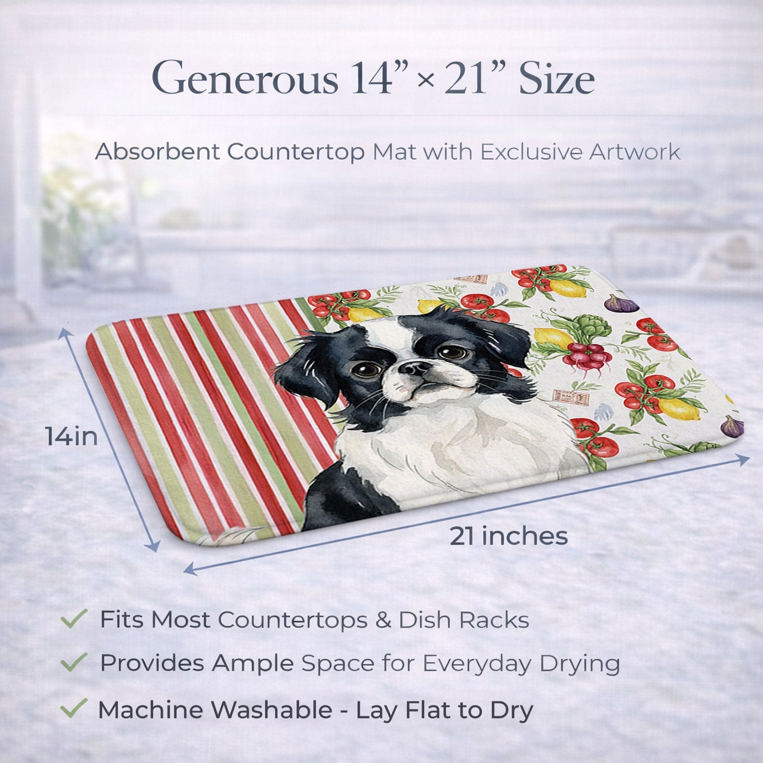 Black and White Japanese Chin Vegetables Dish Drying Mat Absorbent Dish Drying Mat Pad for Kitchen Counter Dish Drainer Mat for Countertop, 14 x 21", Multicolor