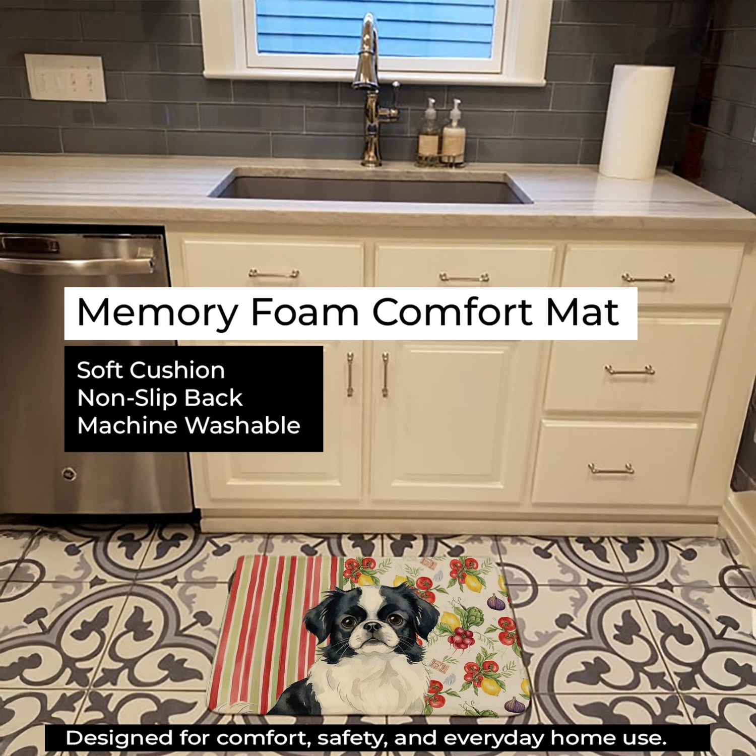 Black and White Japanese Chin Vegetables Memory Foam Kitchen Mat Machine Washable Anti-Fatigue Cushion Comfort Bath or Kitchen Rug