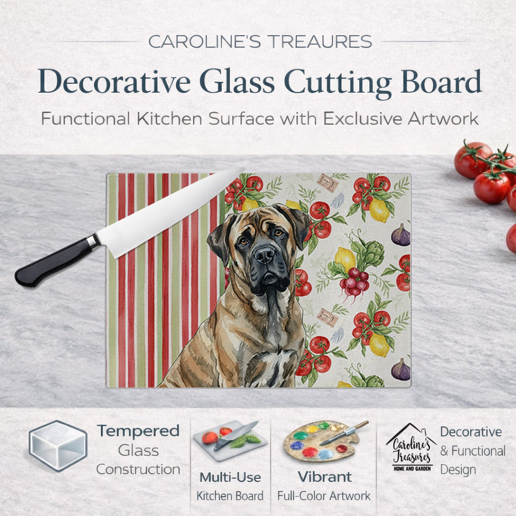 Brindle Mastiff Vegetables Cutting Board Tempered Glass Kitchen Cutting Surface, Heat Resistant Chopping, Non-Slip Feet, Food Prep & Serving