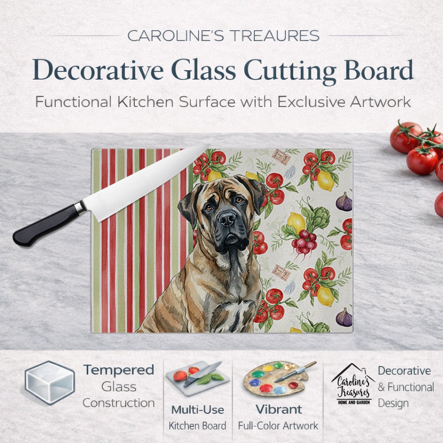 Brindle Mastiff Vegetables Cutting Board Tempered Glass Kitchen Cutting Surface, Heat Resistant Chopping, Non-Slip Feet, Food Prep & Serving