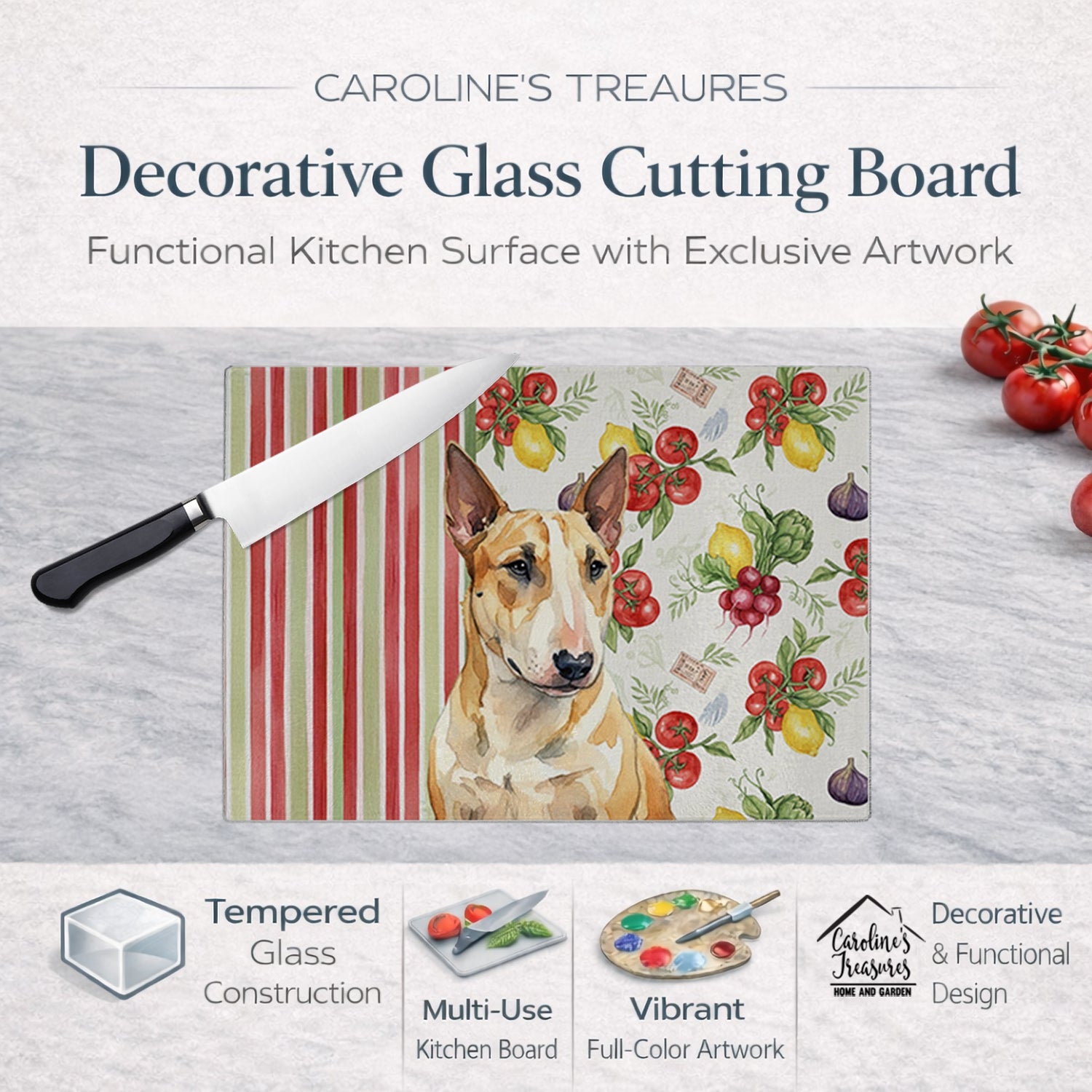 Miniature Bull Terrier Vegetables Cutting Board Tempered Glass Kitchen Cutting Surface, Heat Resistant Chopping, Non-Slip Feet, Food Prep & Serving