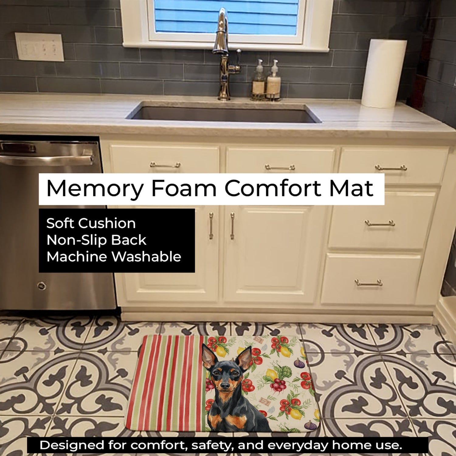 Black and Tan Miniature Pinscher Vegetables Memory Foam Kitchen Mat Machine Washable Anti-Fatigue Cushion Comfort Bath or Kitchen Rug