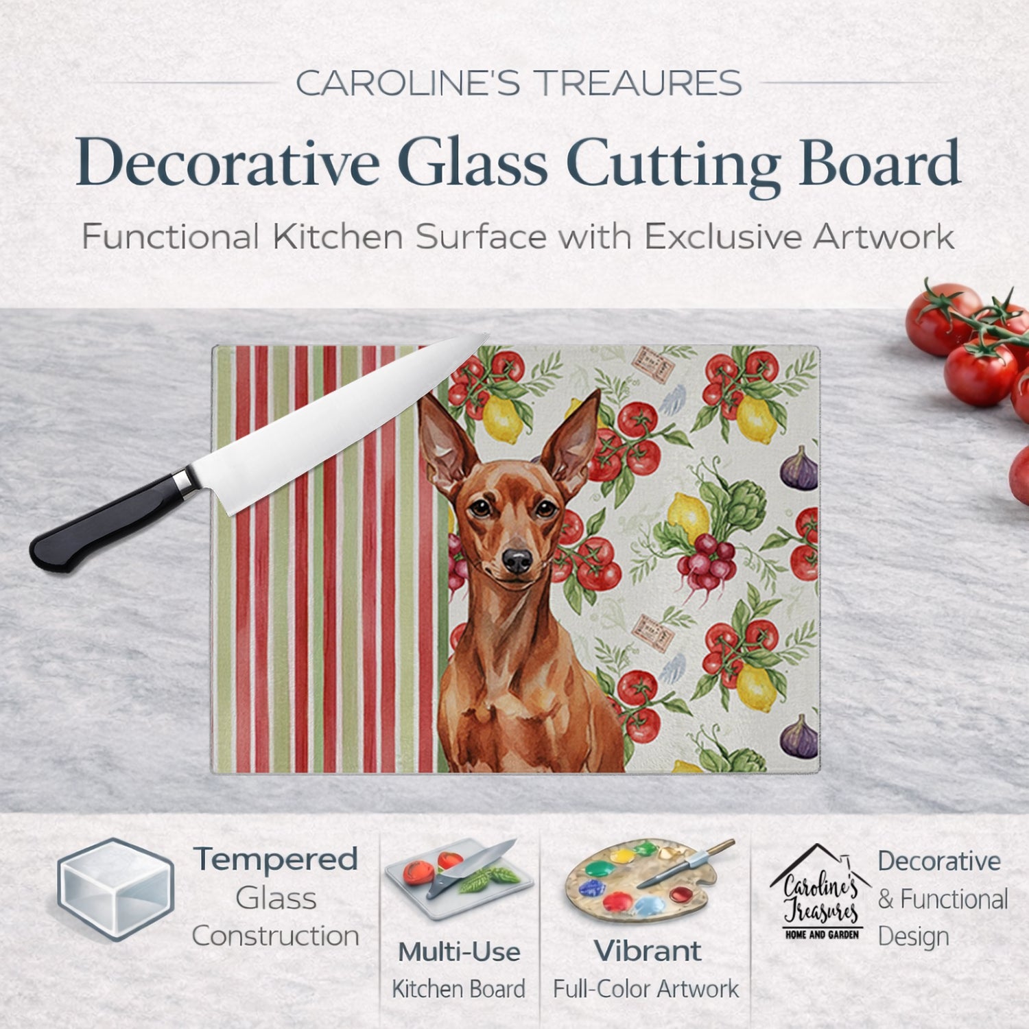 Red Miniature Pinscher Min Pin Vegetables Cutting Board Tempered Glass Kitchen Cutting Surface, Heat Resistant Chopping, Non-Slip Feet, Food Prep & Serving