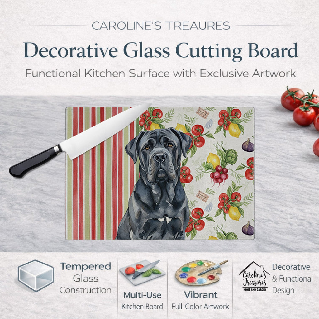 Black Neapolitan Mastiff Vegetables Cutting Board Tempered Glass Kitchen Cutting Surface, Heat Resistant Chopping, Non-Slip Feet, Food Prep & Serving